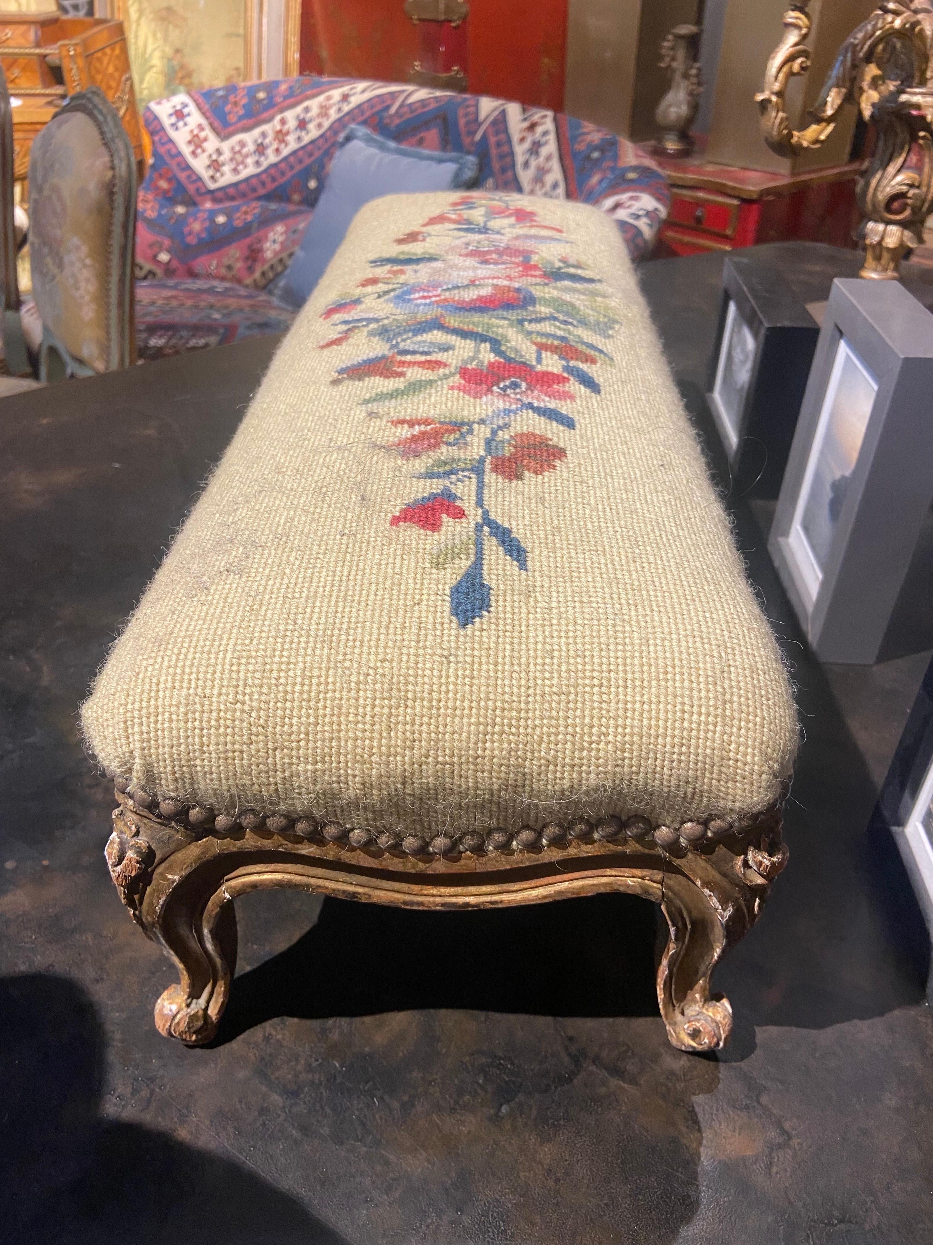 Hand-Carved 19th Century French Louis XV Style Hand Carved Gilt Wood Foot Stool Tapestry For Sale
