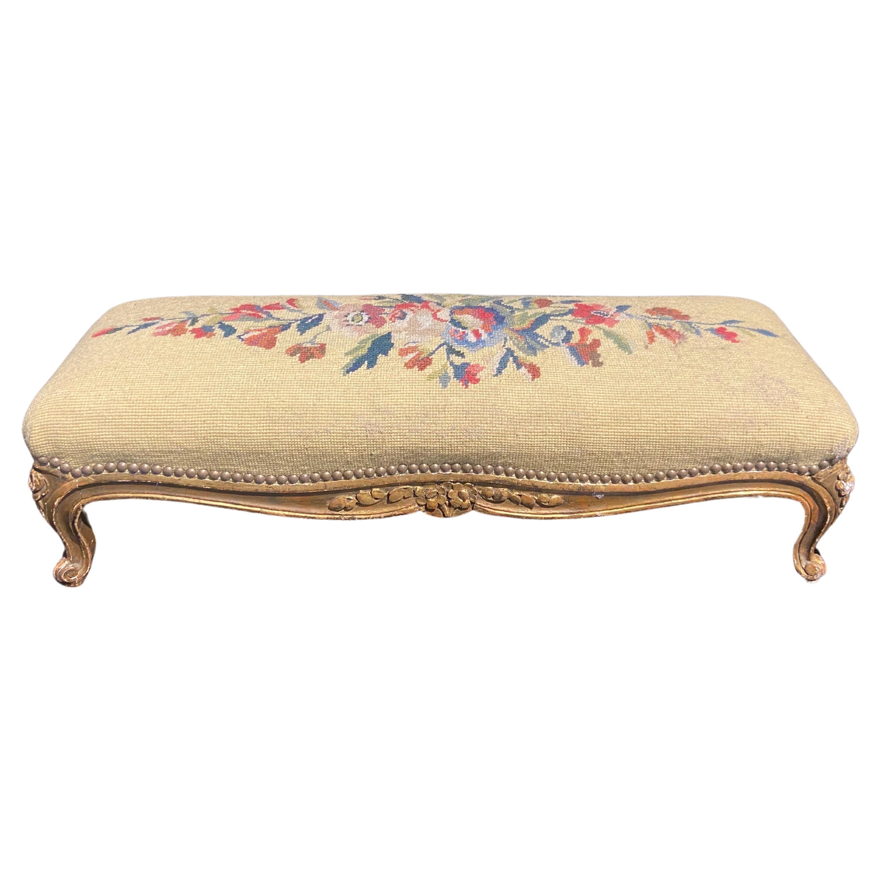 19th Century French Louis XV Style Hand Carved Gilt Wood Foot Stool Tapestry For Sale