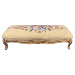 Antique 19th Century French Louis XV Style Hand Carved Gilt Wood Foot Stool Tapestry