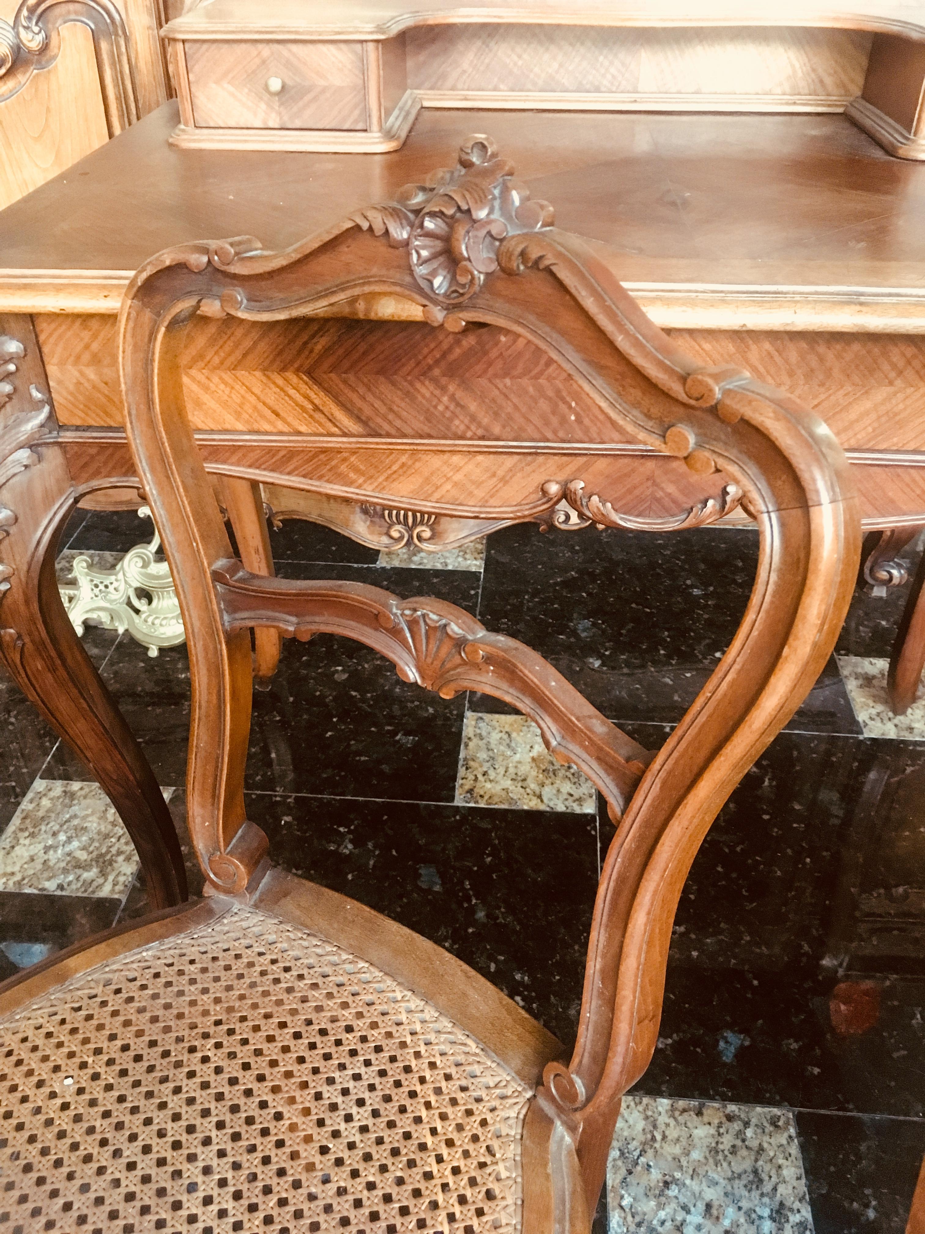 19th Century French Louis XV Style Hand Carved Writing Desk and Two Cane Chairs In Good Condition In Sofia, BG