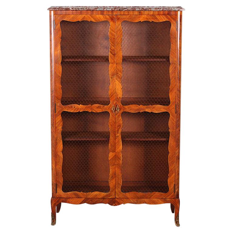 19th Century French Louis XV Style Inlaid Bookcase Bibliotheque Cabinet