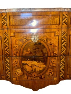 19th Century French Louis XV Style Inlaid Commode with Bronze & Marble Top.