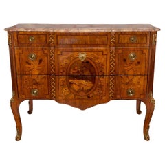 19th Century French Louis XV Style Inlaid Commode with Bronze & Marble Top.