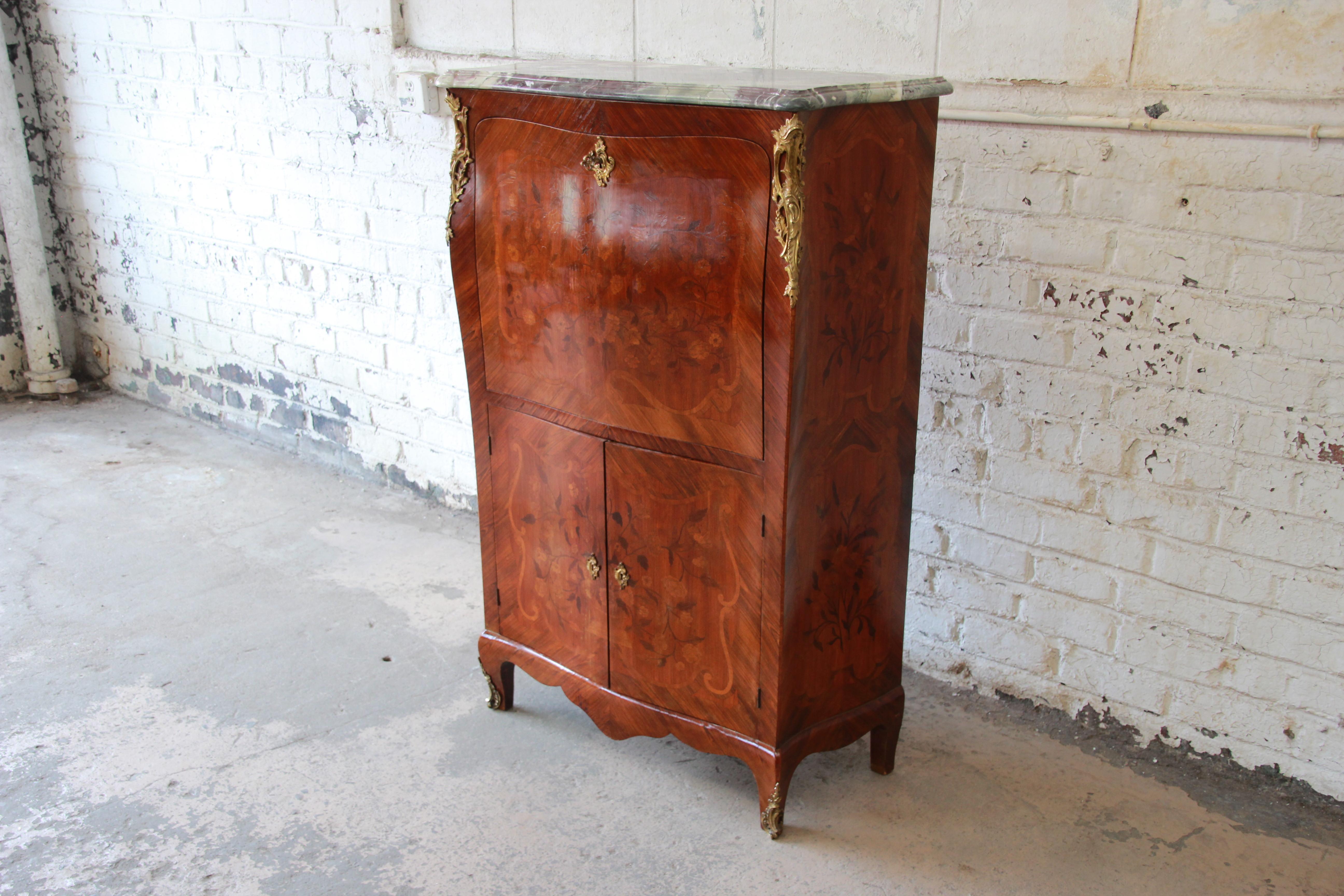 19th Century French Louis XV Style Inlaid Marble Top Abattant Secretaire In Good Condition In South Bend, IN