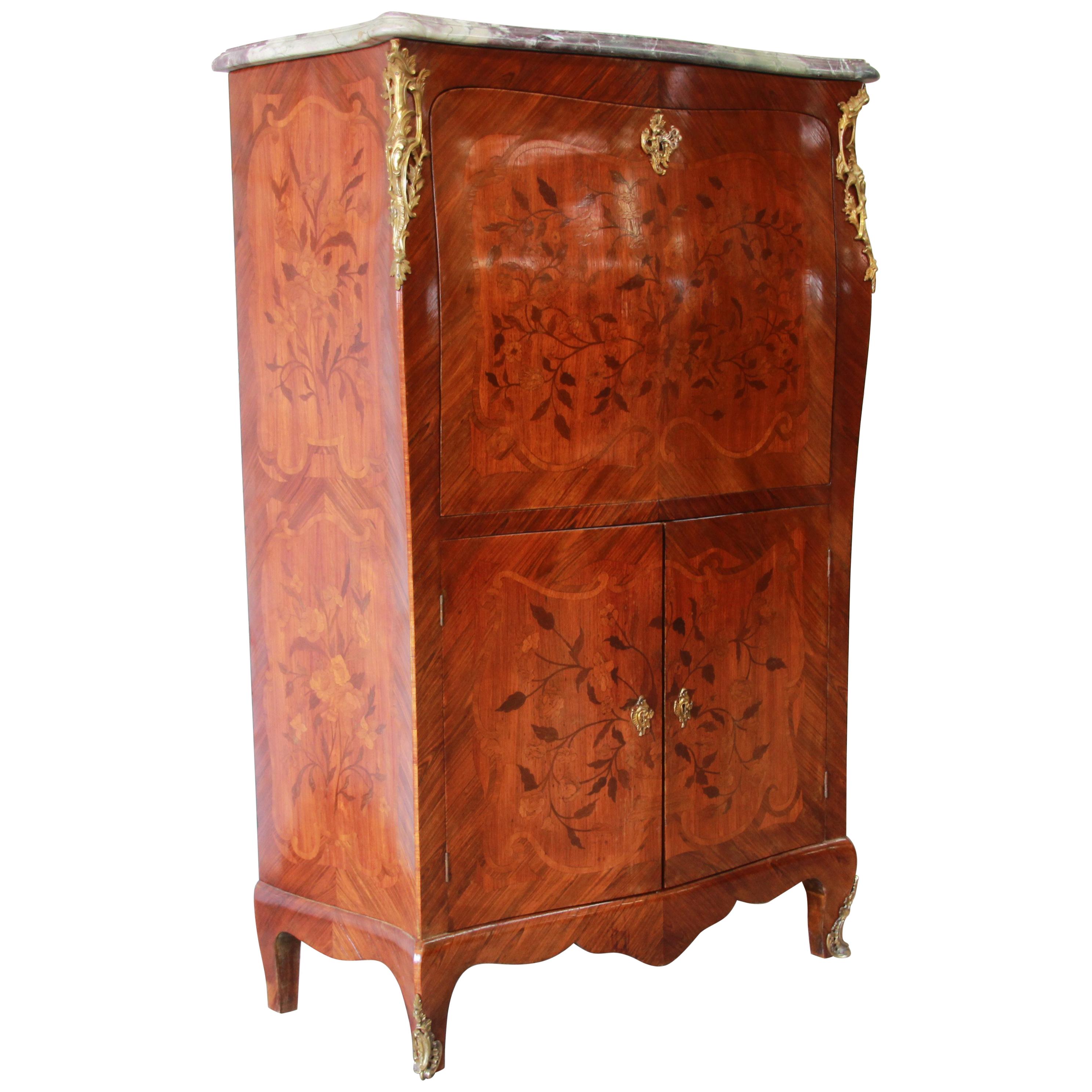19th Century French Louis XV Style Inlaid Marble Top Abattant Secretaire