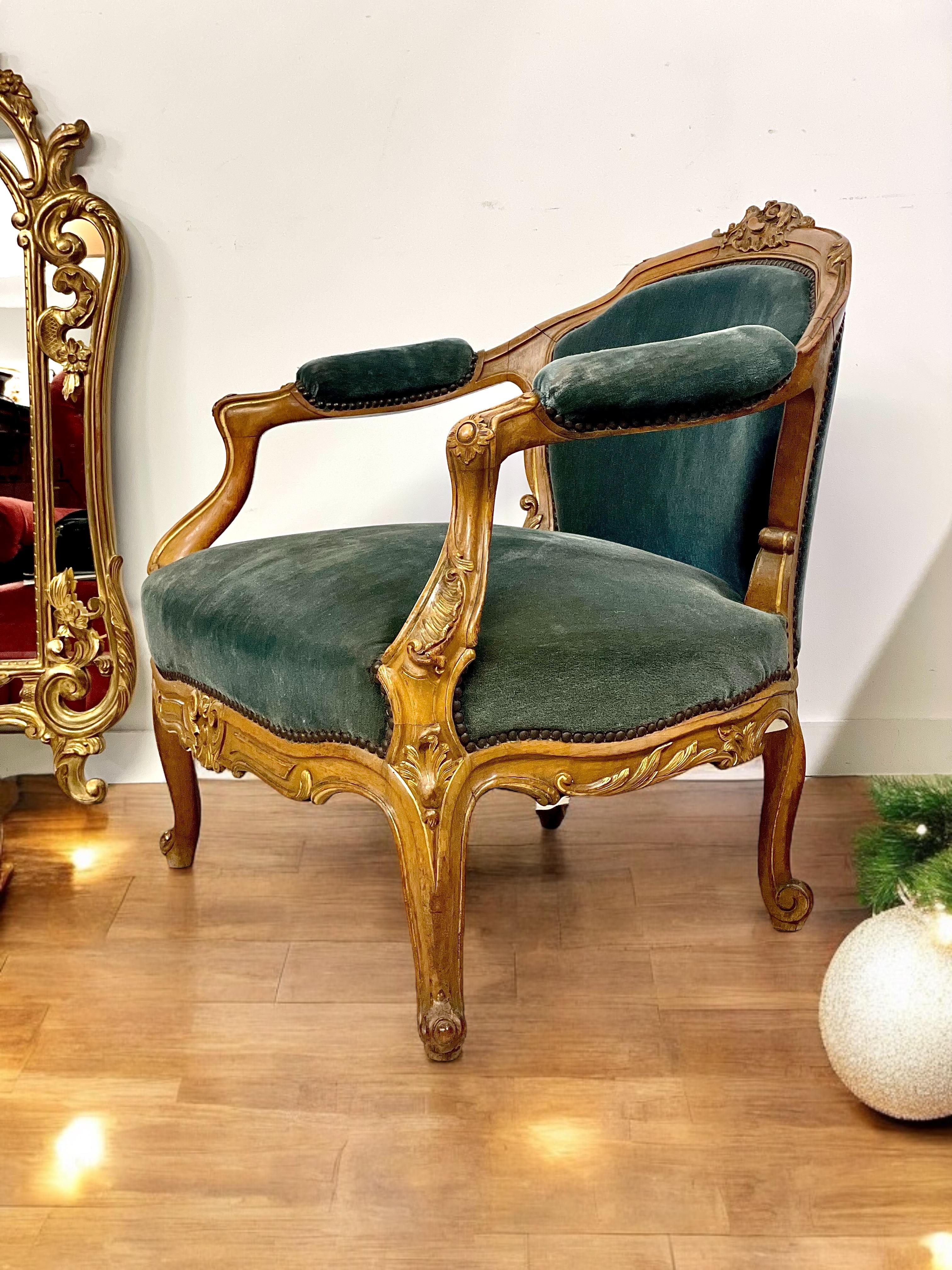 19th Century Lounge Armchair in Carved Giltwood and Velvet For Sale 9