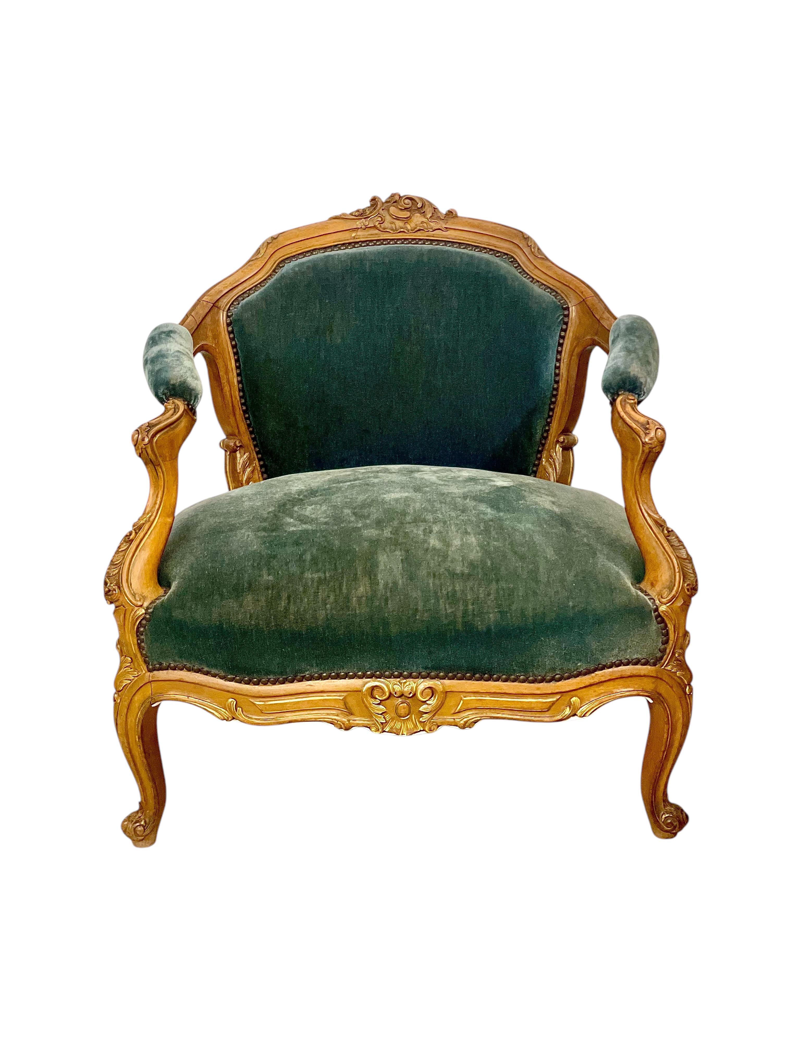19th Century Lounge Armchair in Carved Giltwood and Velvet For Sale 2