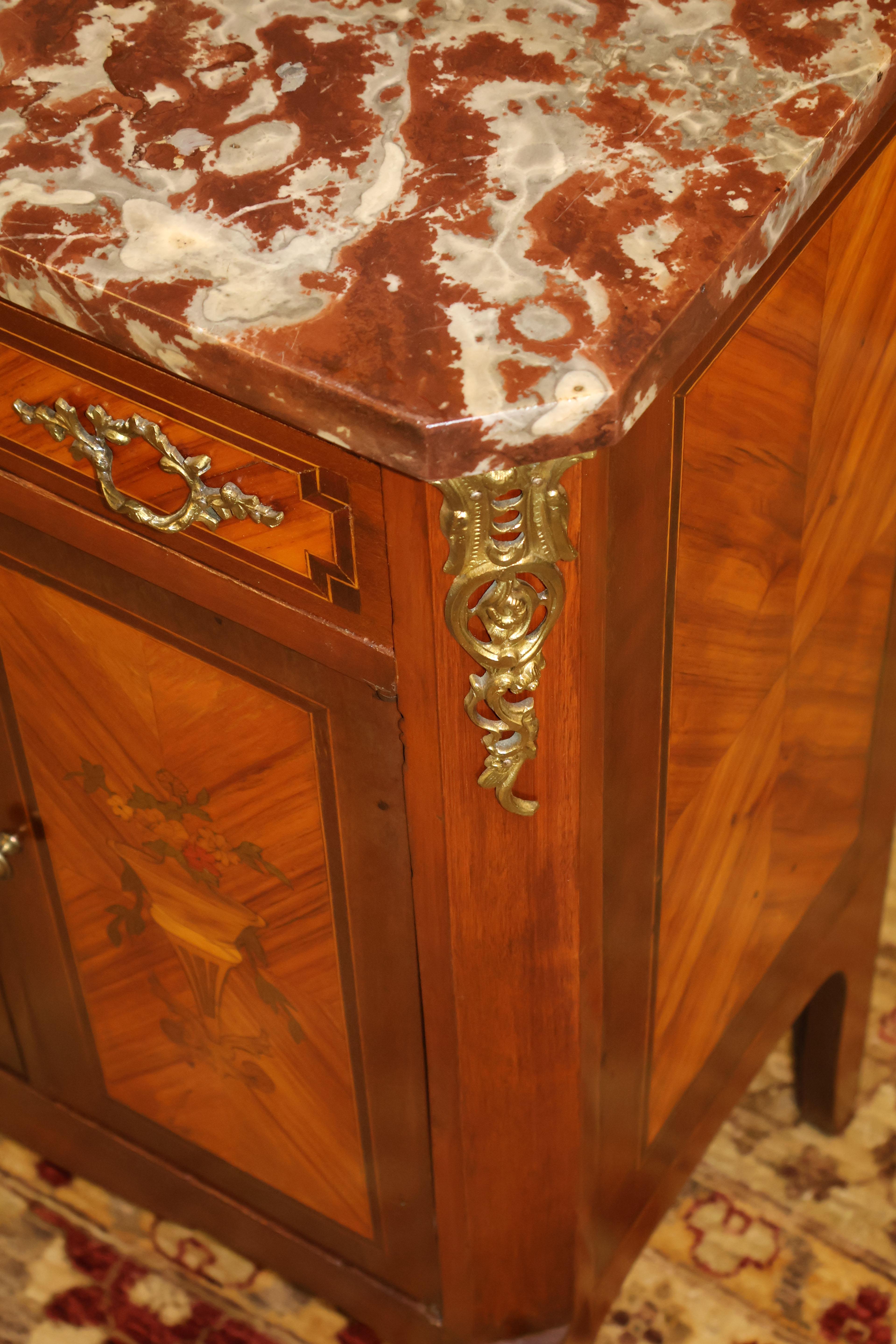 19th Century French Louis XV Style Marble Top Satinwood Inlaid Side Cabinet For Sale 8