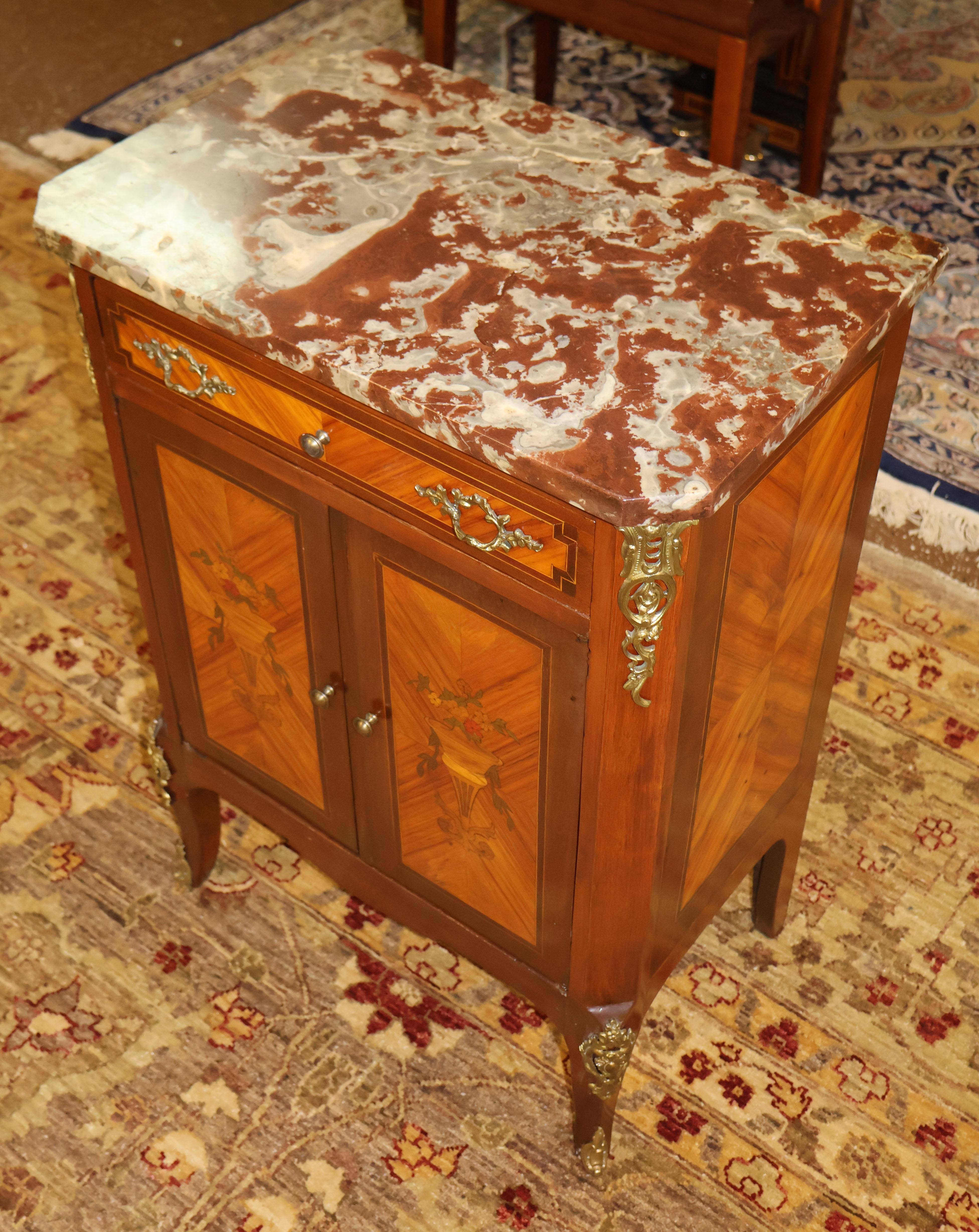 19th Century French Louis XV Style Marble Top Satinwood Inlaid Side Cabinet In Good Condition For Sale In Long Branch, NJ
