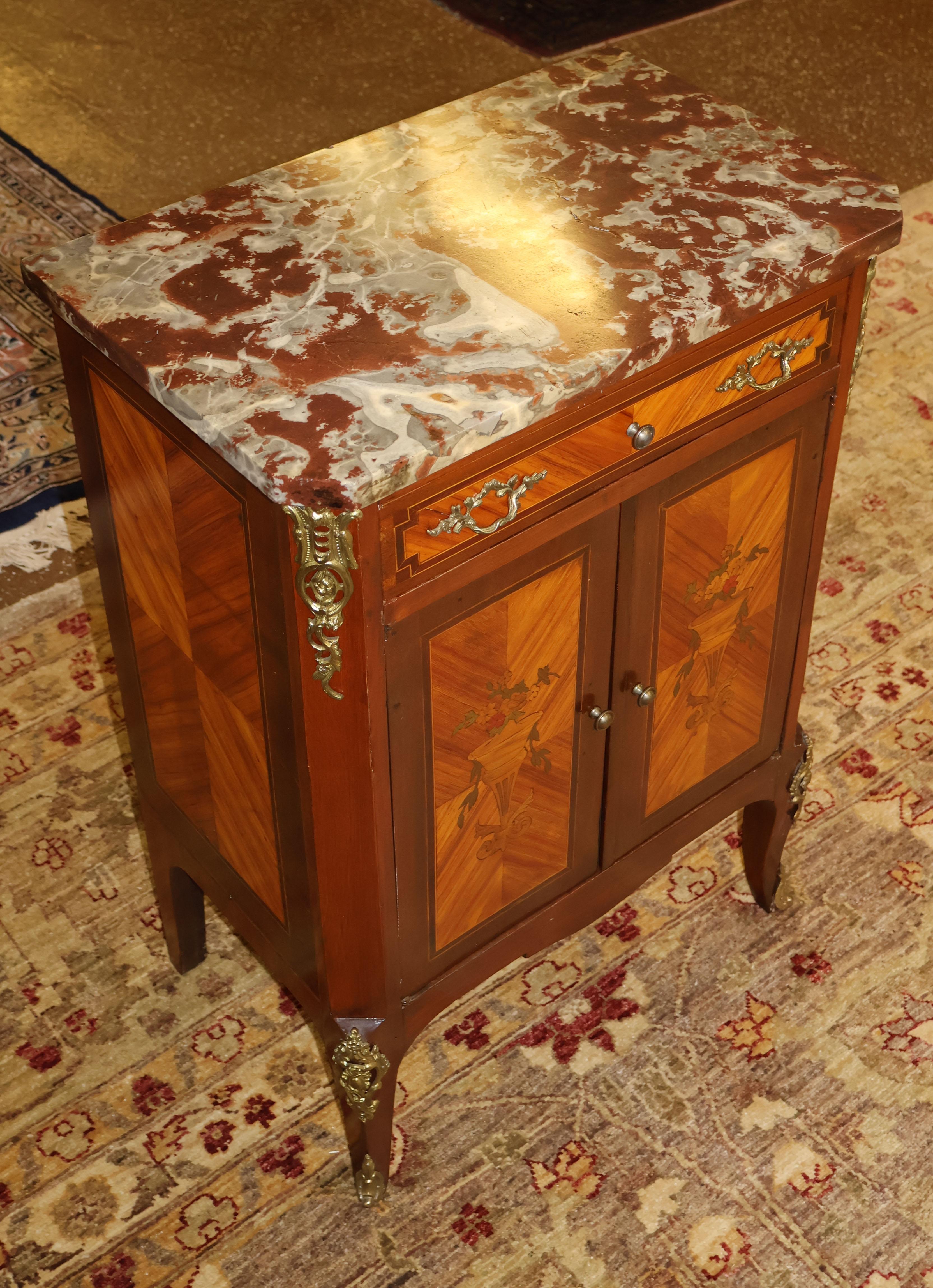 Late 19th Century 19th Century French Louis XV Style Marble Top Satinwood Inlaid Side Cabinet For Sale