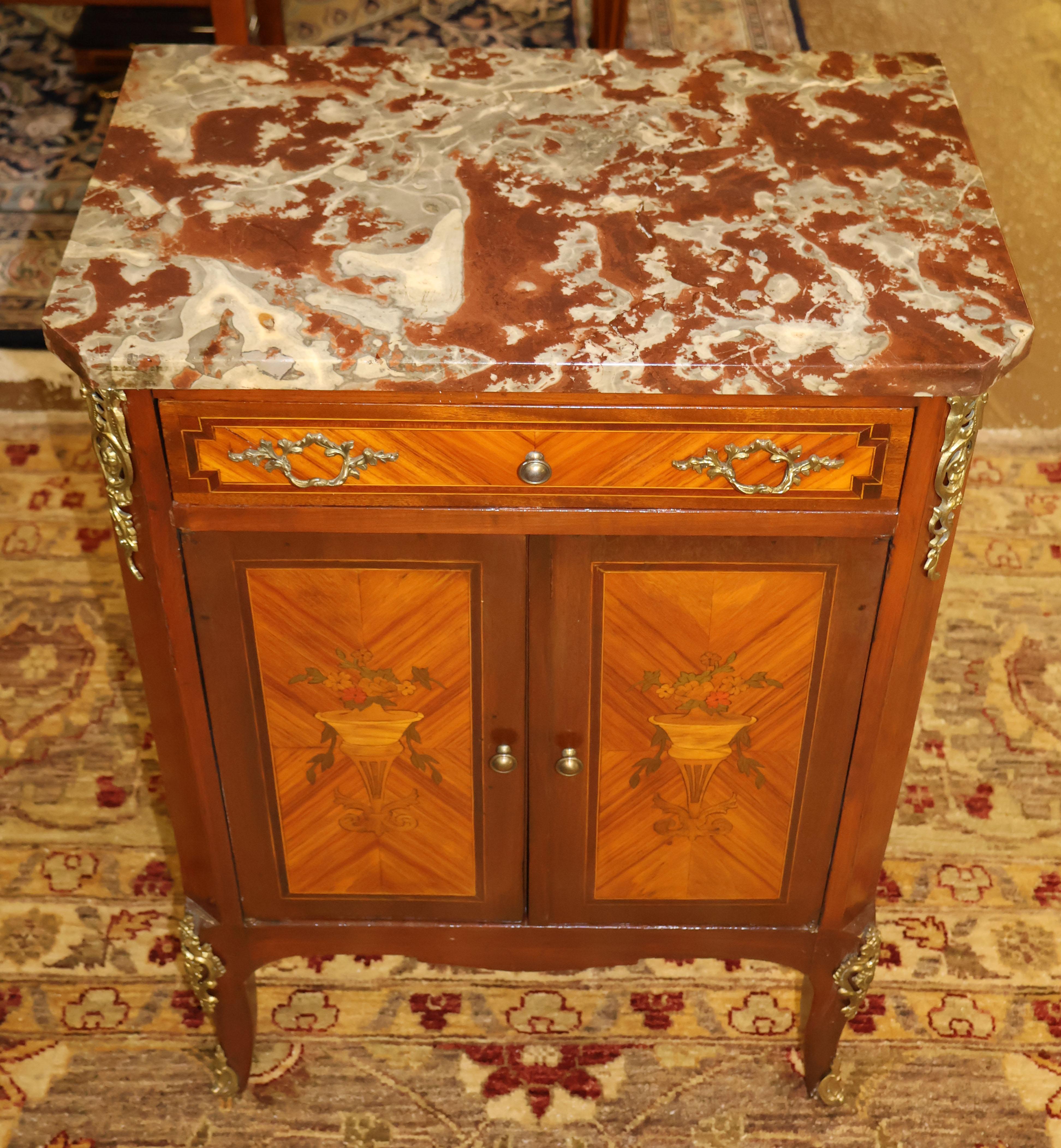 19th Century French Louis XV Style Marble Top Satinwood Inlaid Side Cabinet For Sale 1