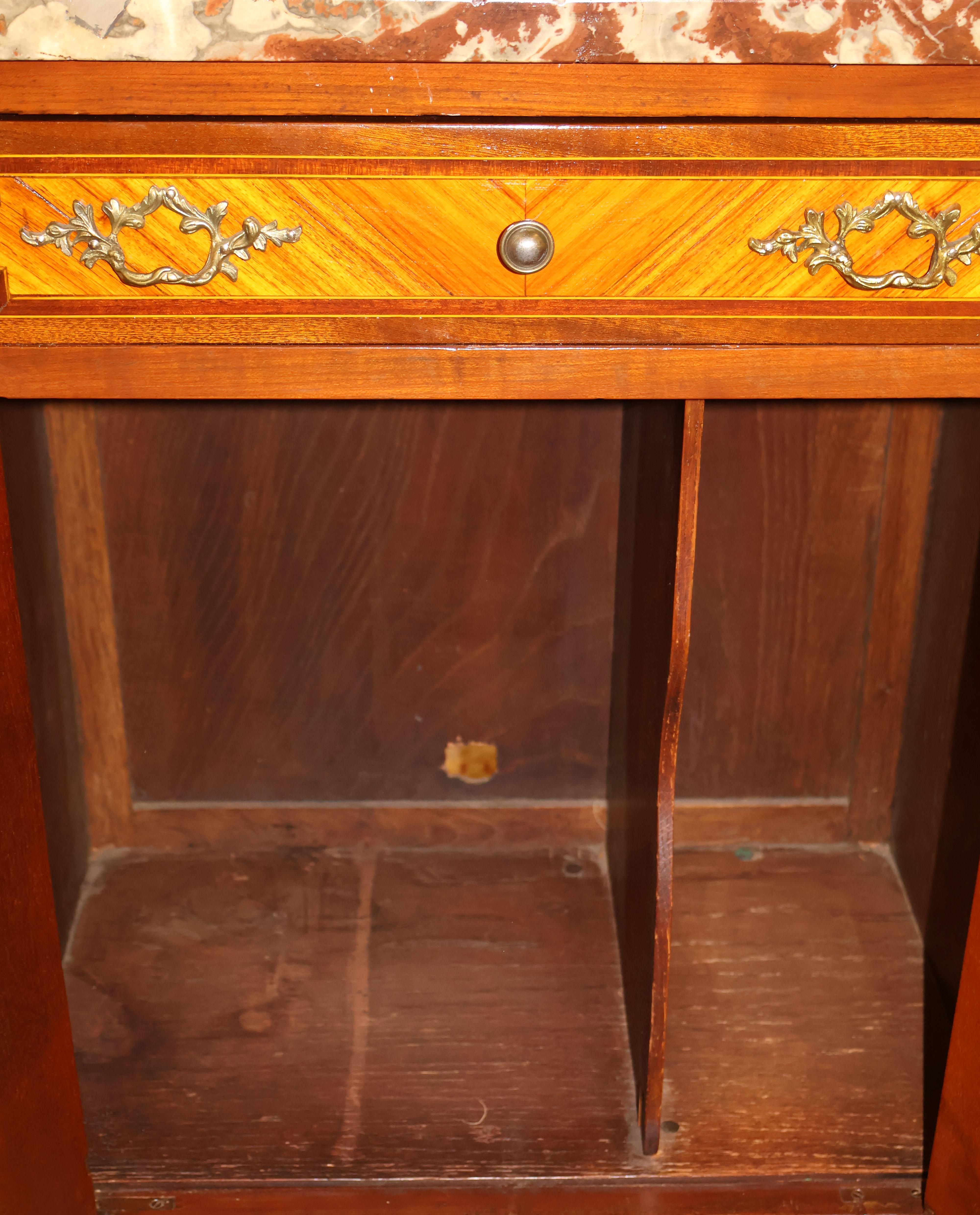 19th Century French Louis XV Style Marble Top Satinwood Inlaid Side Cabinet For Sale 4