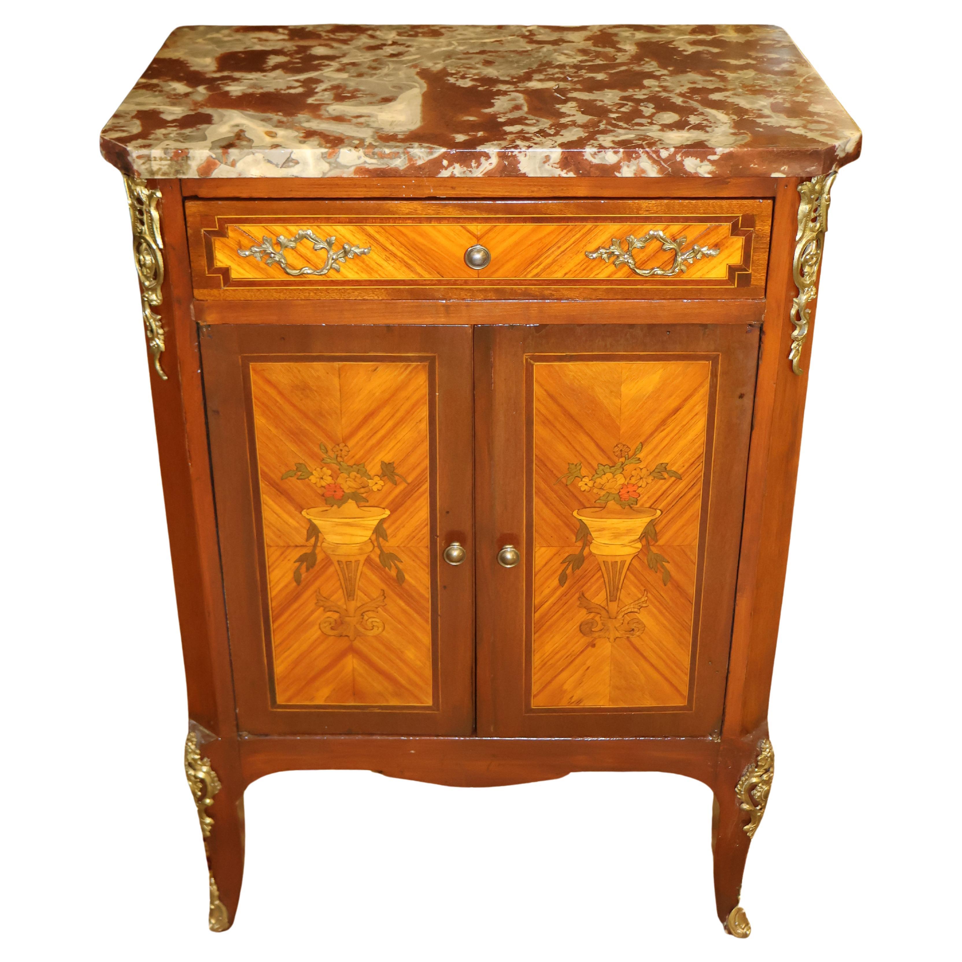 19th Century French Louis XV Style Marble Top Satinwood Inlaid Side Cabinet For Sale