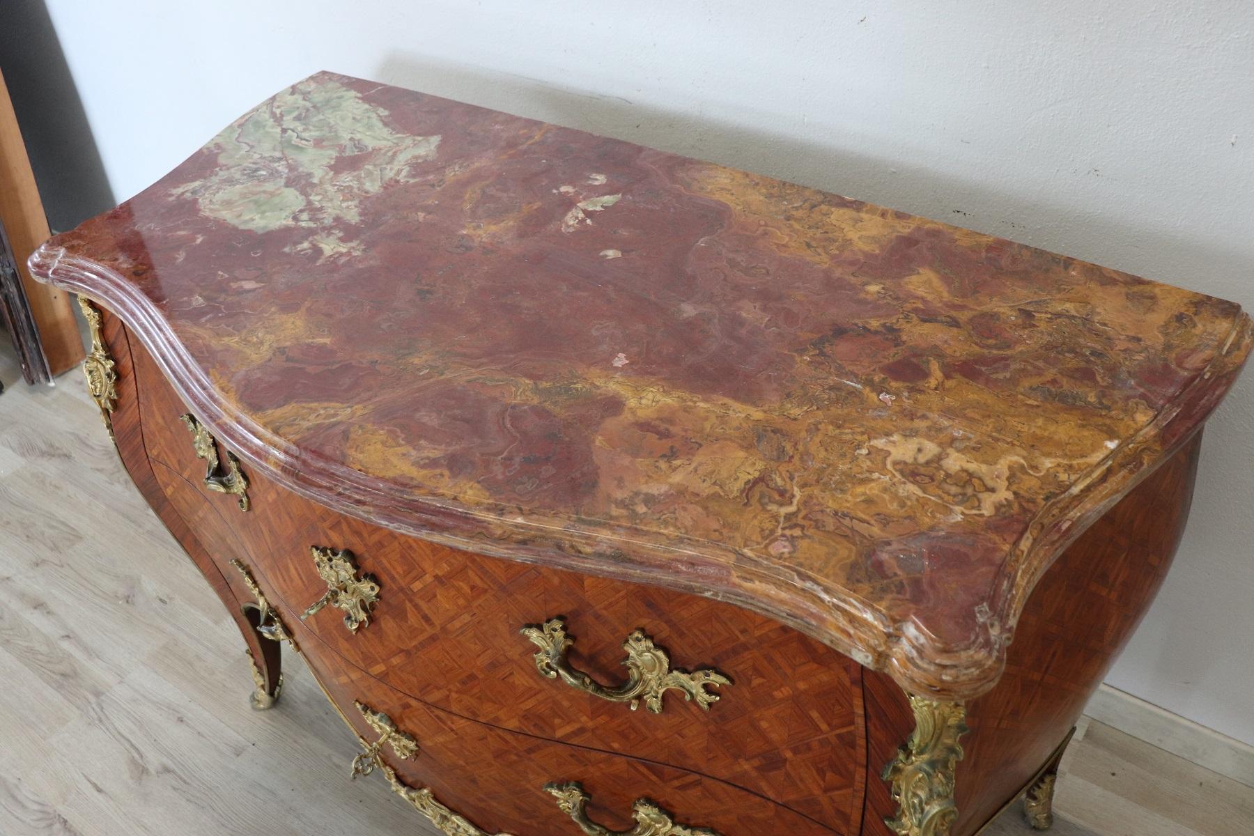 19th Century French Louis XV Style Marquetry and Gilded Bronze Chest of Drawers 2
