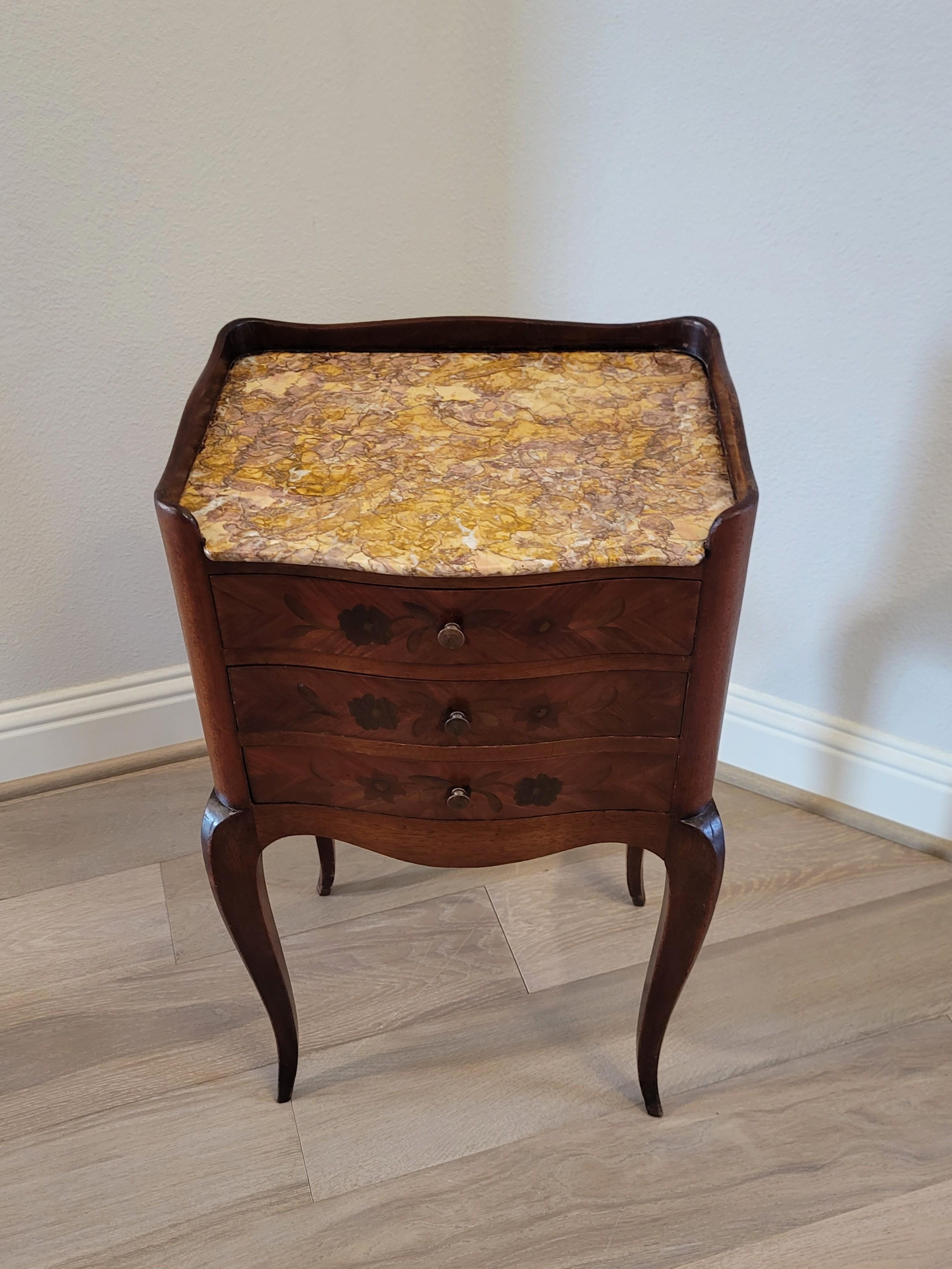 Marble 19th Century French Louis XV Style Marquetry Inlaid Nightstand Table For Sale
