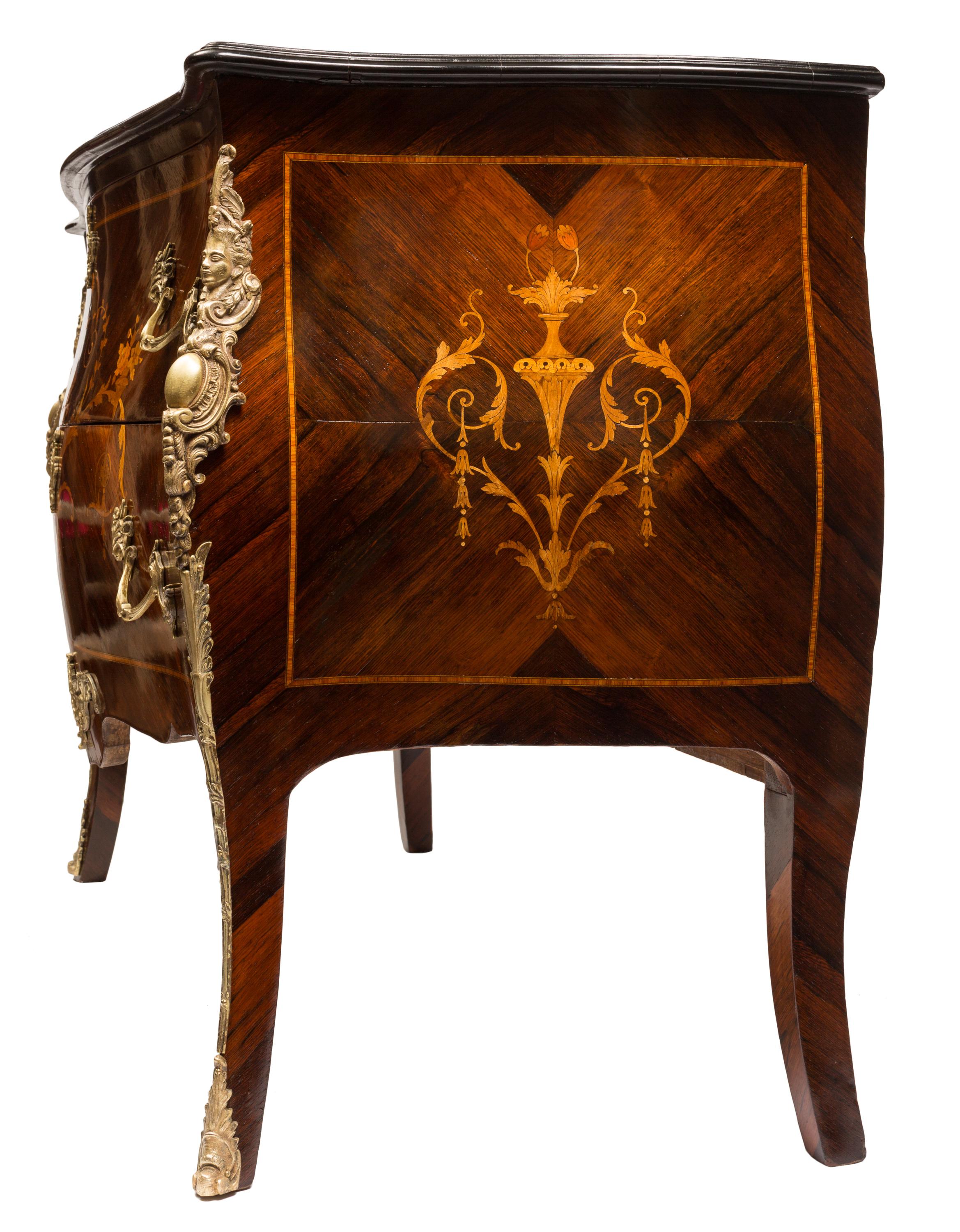 Cast 19th Century French Louis XV Style Mixed Wood Marquetry Commode For Sale