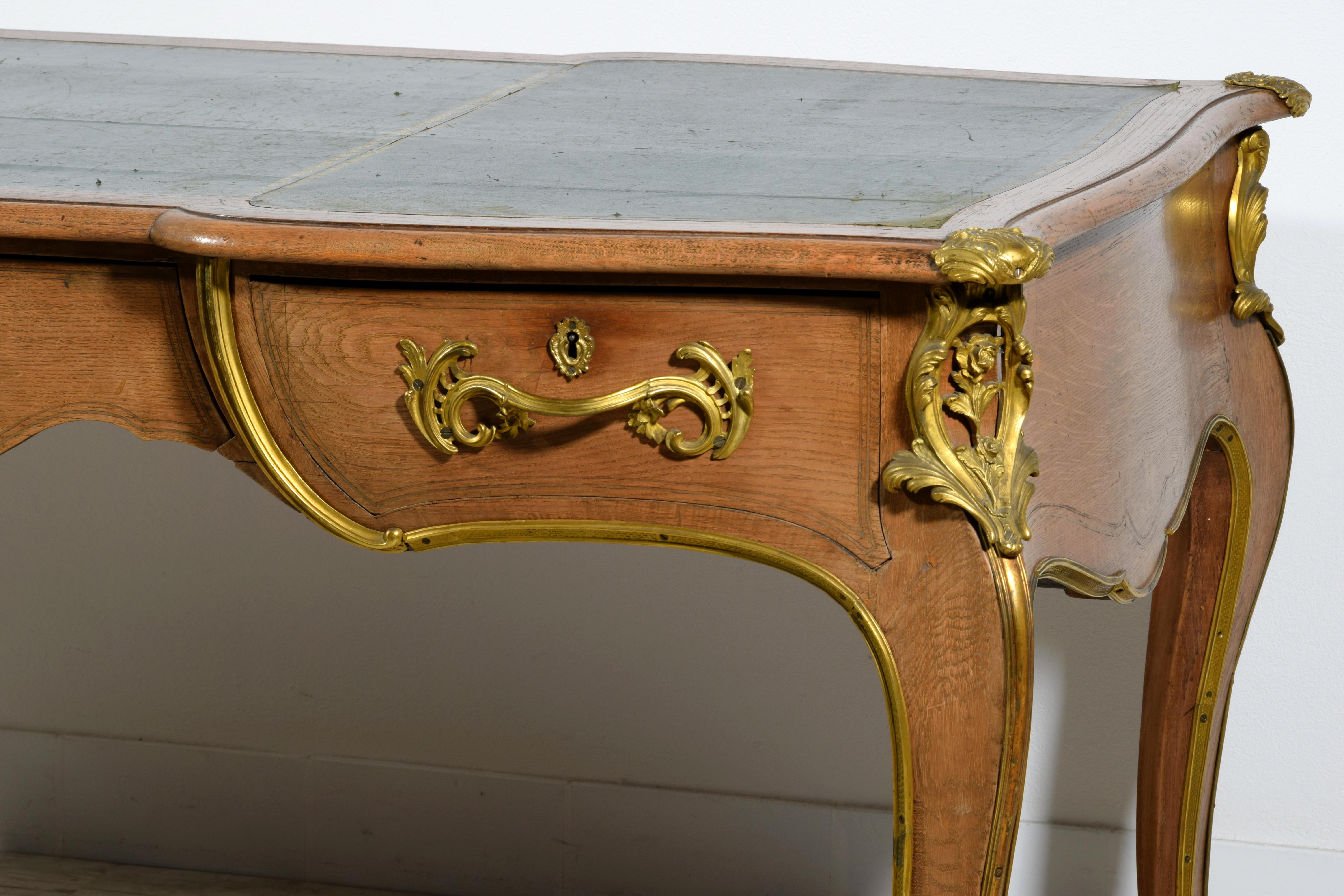 19th Century, French Louis XV style Natural Wood Center Desk with Gilt Bronzes  For Sale 14