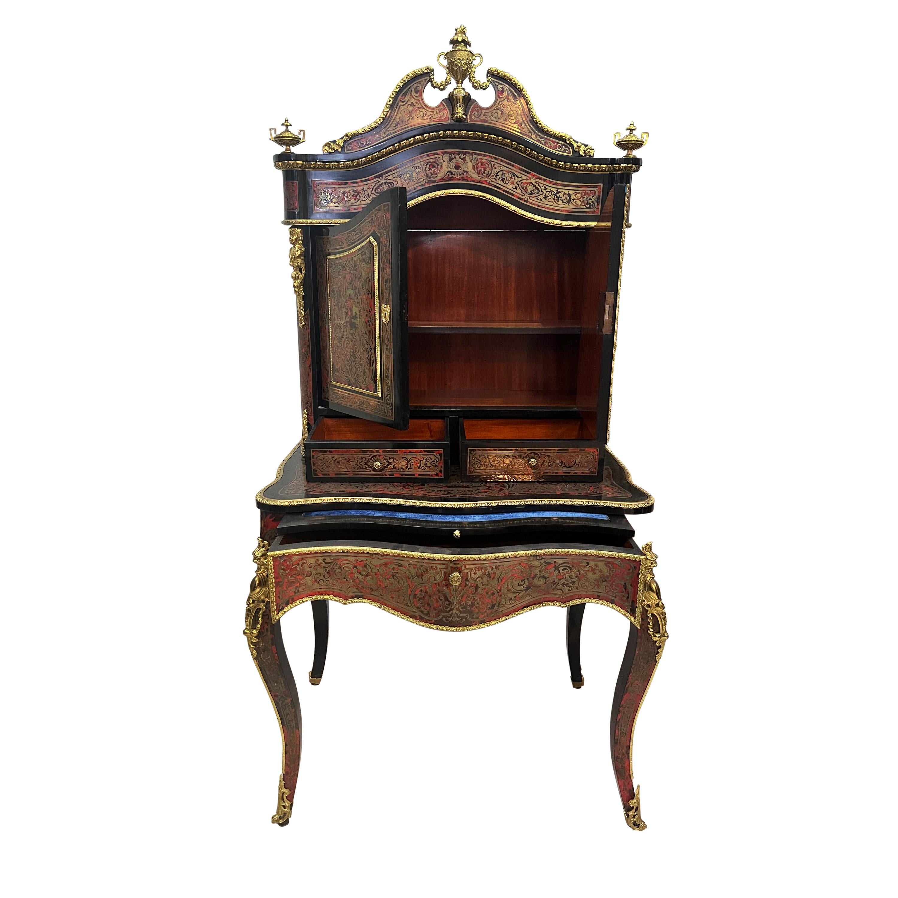 Brass 19th Century French Louis XV Style Ormolu Mounted Boulle Secretary Desk  For Sale