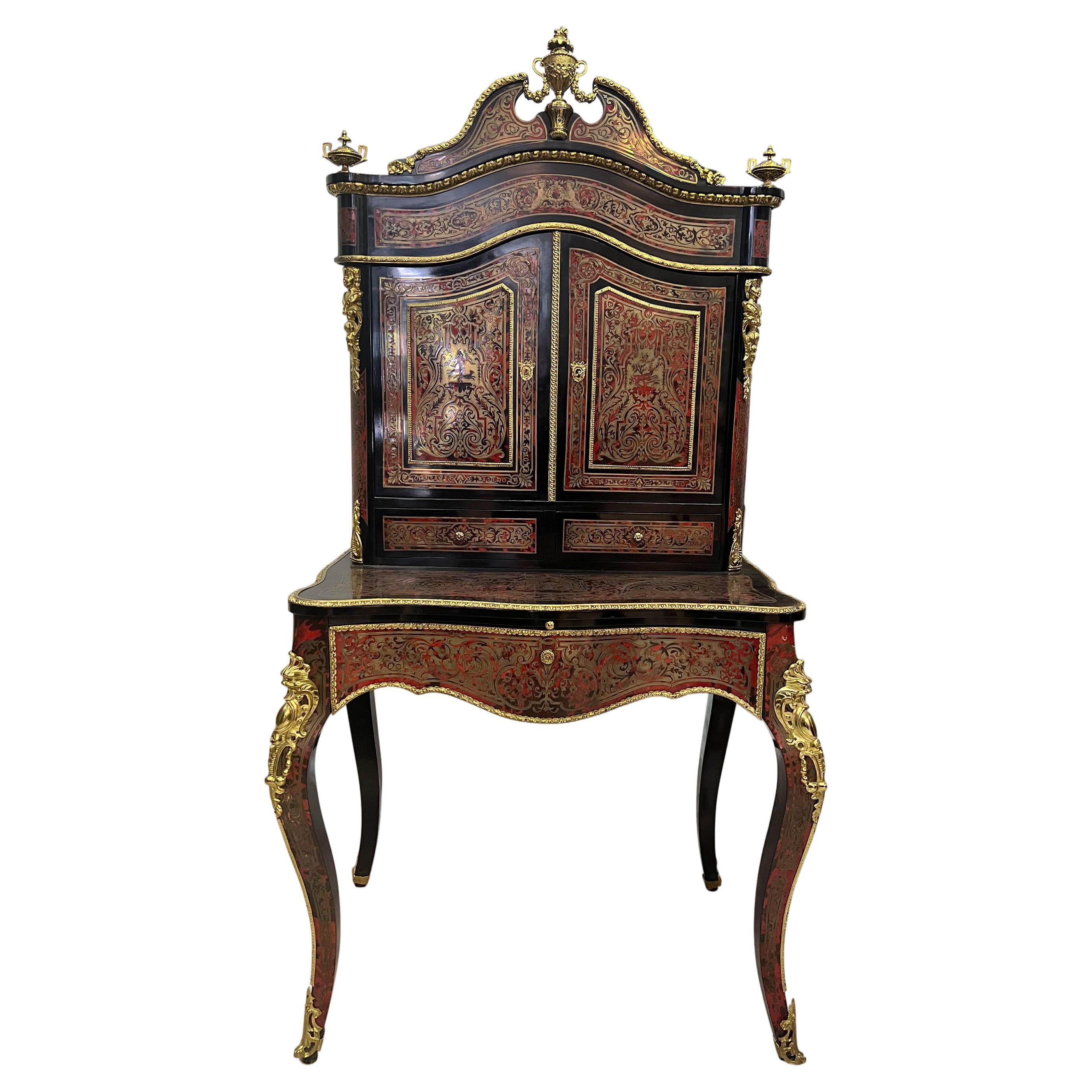 Französischer Boulle-Sekretär-Schreibtisch im Louis-XV-Stil des 19. Jahrhunderts mit Goldbronze-Montierung 