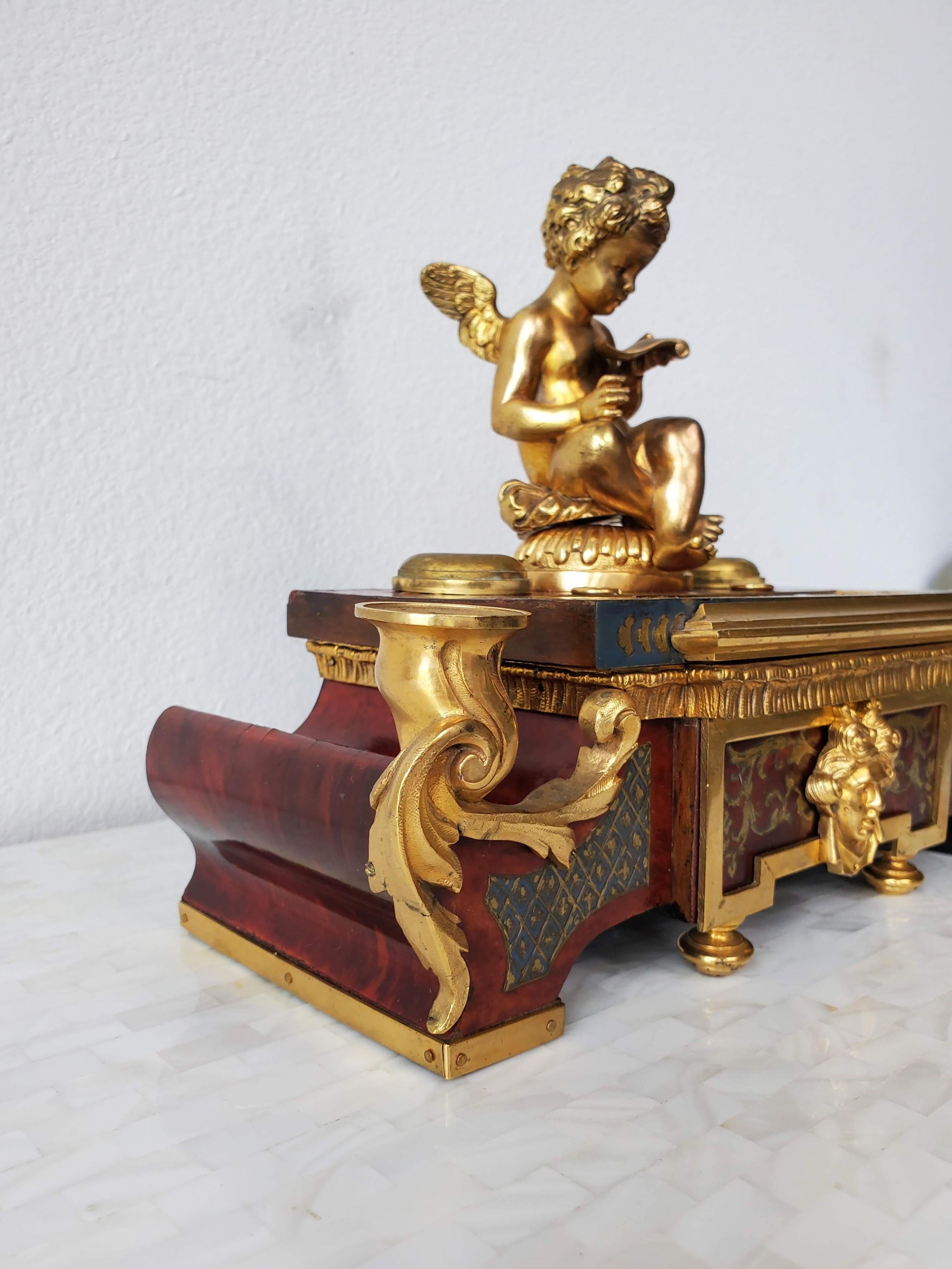 French Louis XIV Boulle Marquetry Tortoiseshell Gilt Bronze Inkwell Desk Stand For Sale 5