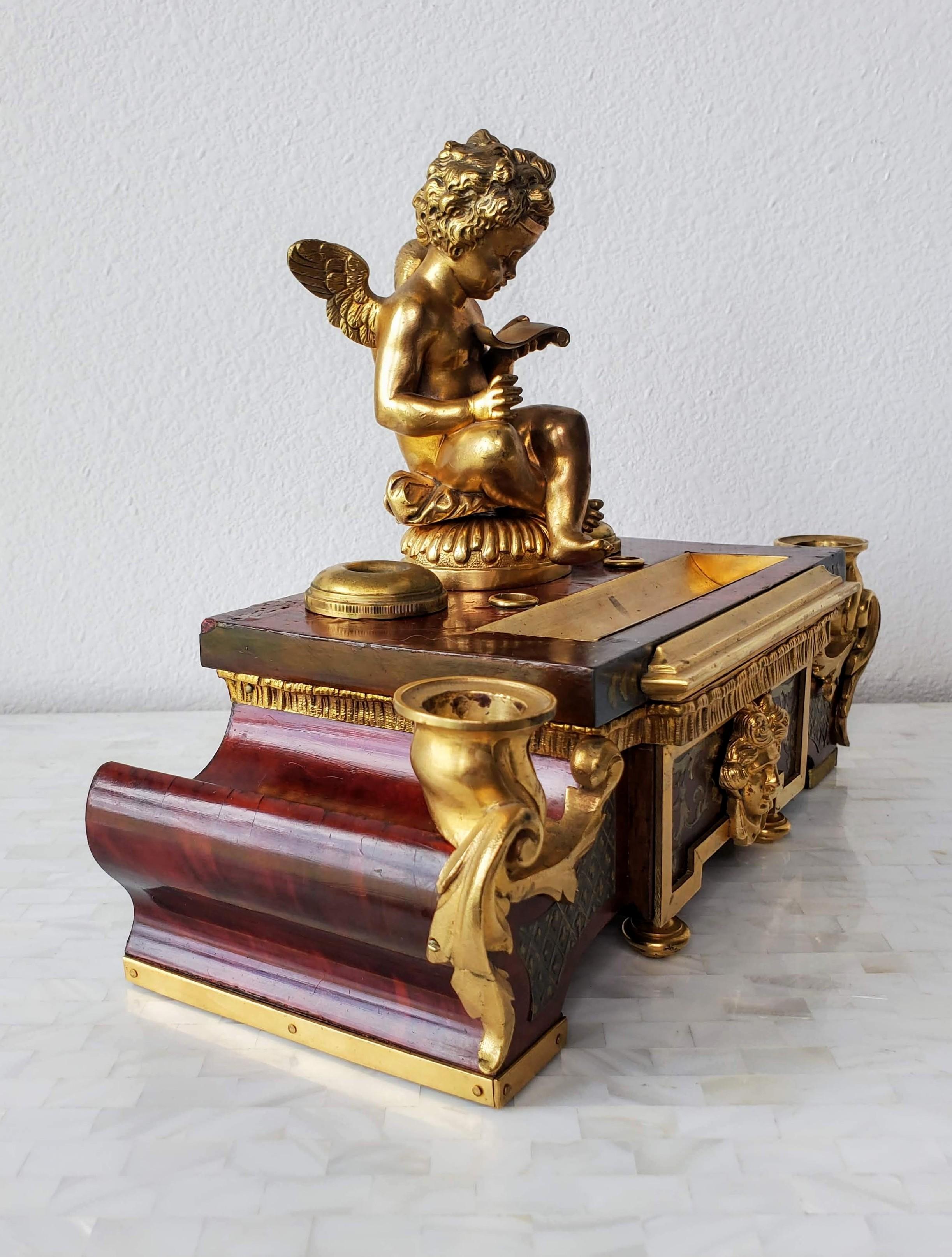 French Louis XIV Boulle Marquetry Tortoiseshell Gilt Bronze Inkwell Desk Stand For Sale 8