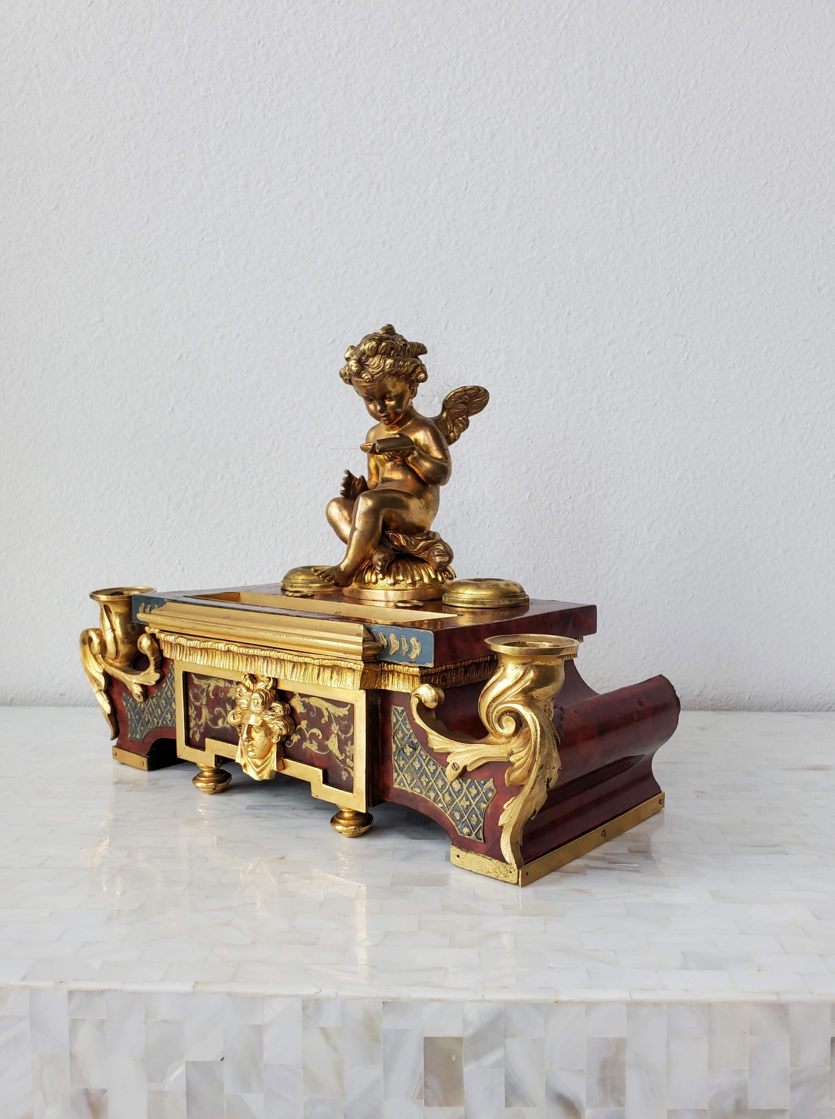 French Louis XIV Boulle Marquetry Tortoiseshell Gilt Bronze Inkwell Desk Stand For Sale 9