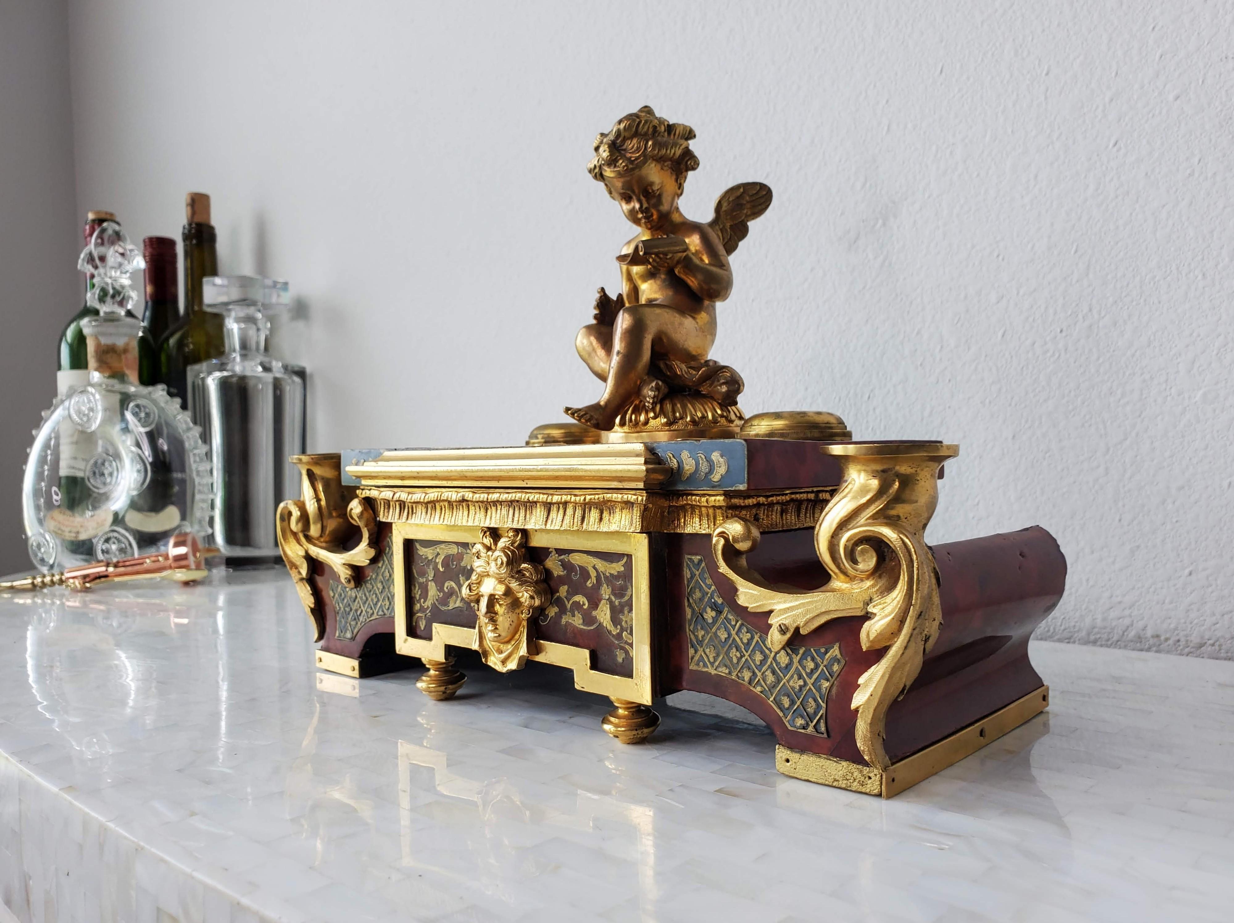 French Louis XIV Boulle Marquetry Tortoiseshell Gilt Bronze Inkwell Desk Stand For Sale 13