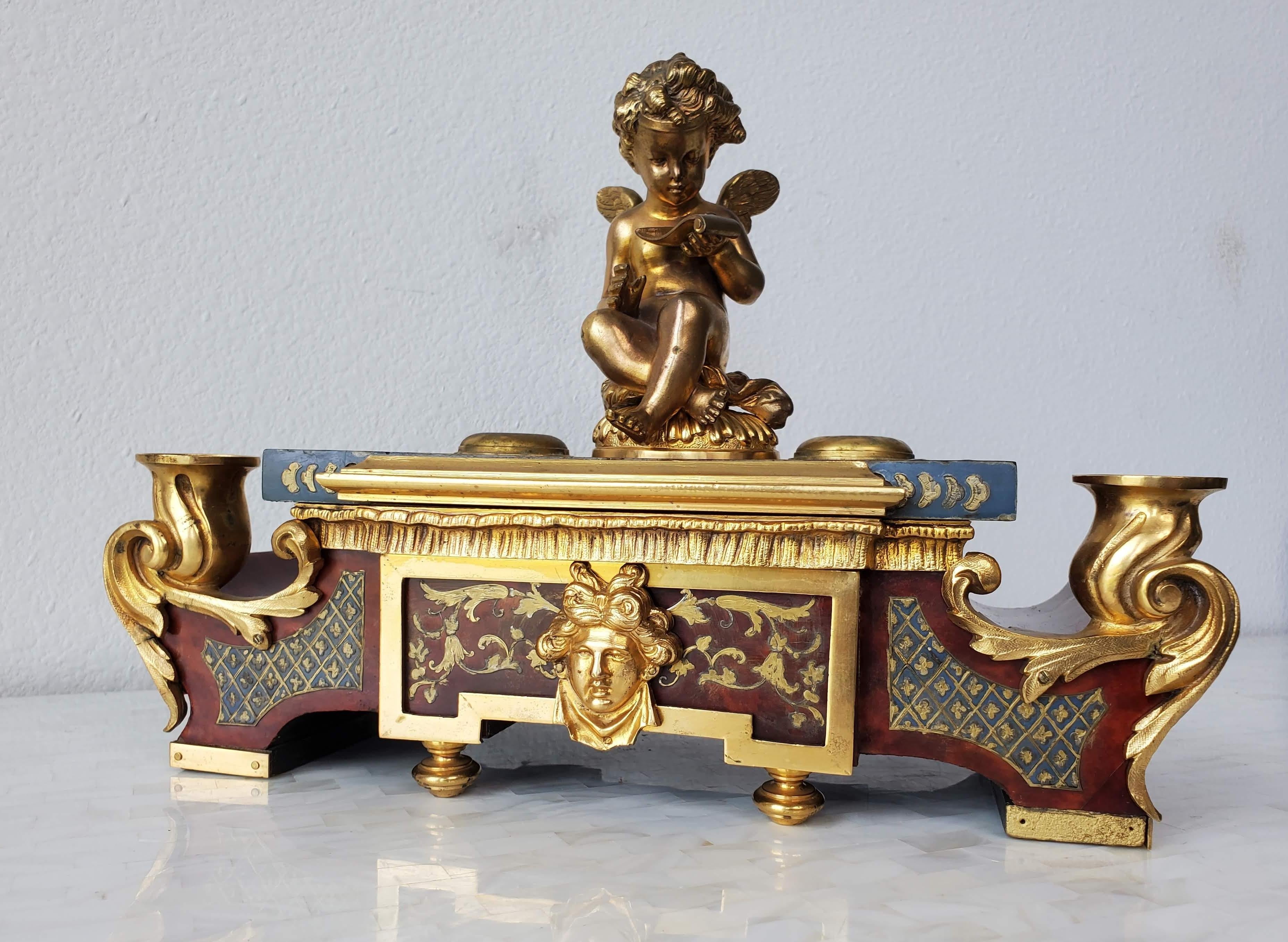 French Louis XIV Boulle Marquetry Tortoiseshell Gilt Bronze Inkwell Desk Stand For Sale 14
