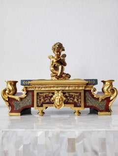 Tintero francés Luis XIV de marquetería Boulle de carey y bronce dorado Soporte de escritorio