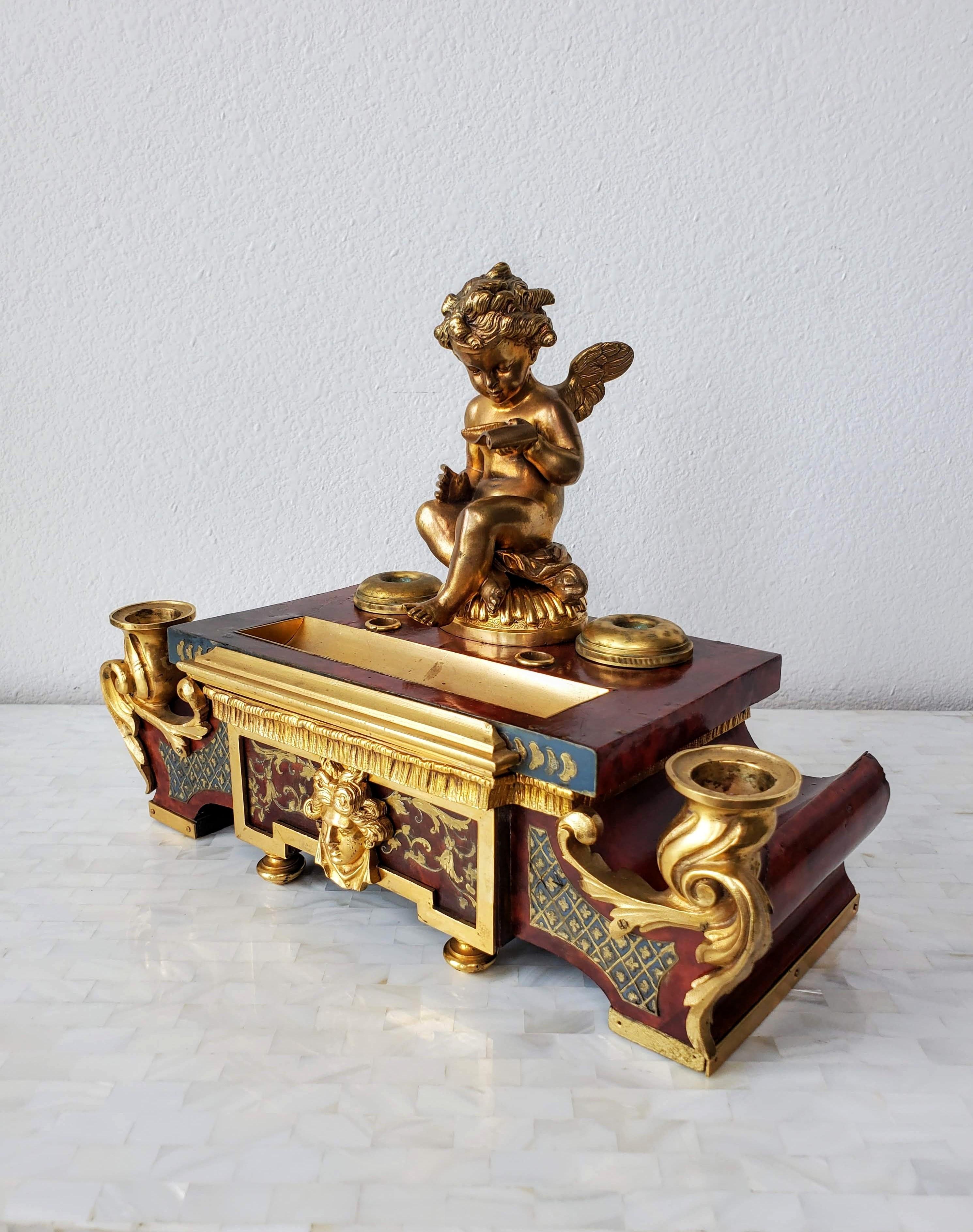 Hand-Carved French Louis XIV Boulle Marquetry Tortoiseshell Gilt Bronze Inkwell Desk Stand For Sale
