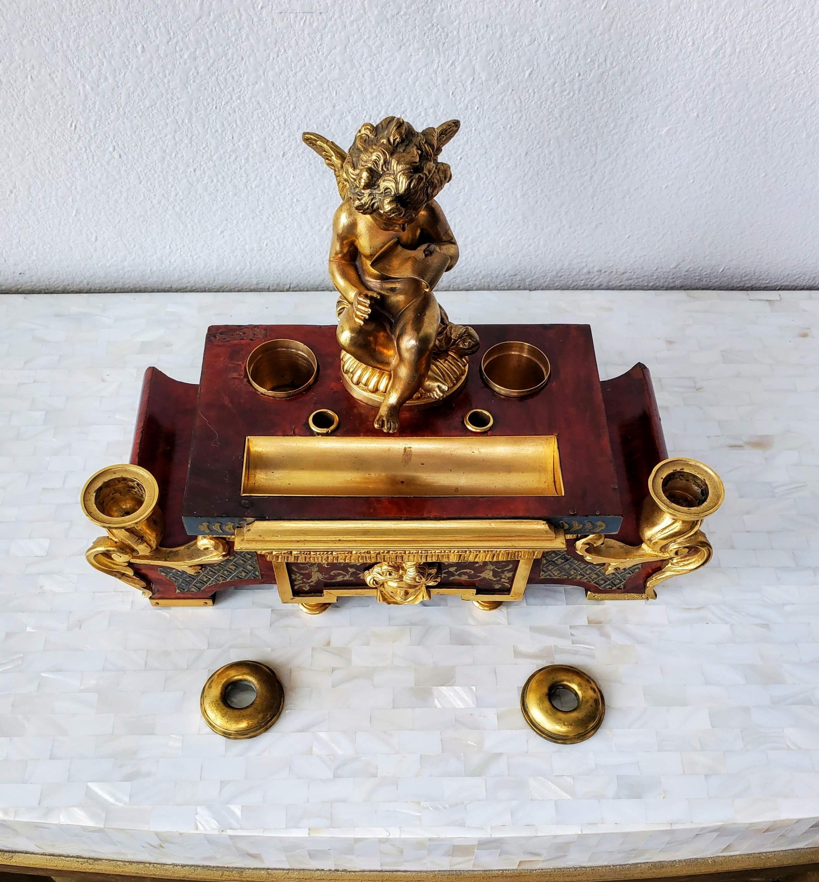 19th Century French Louis XIV Boulle Marquetry Tortoiseshell Gilt Bronze Inkwell Desk Stand For Sale