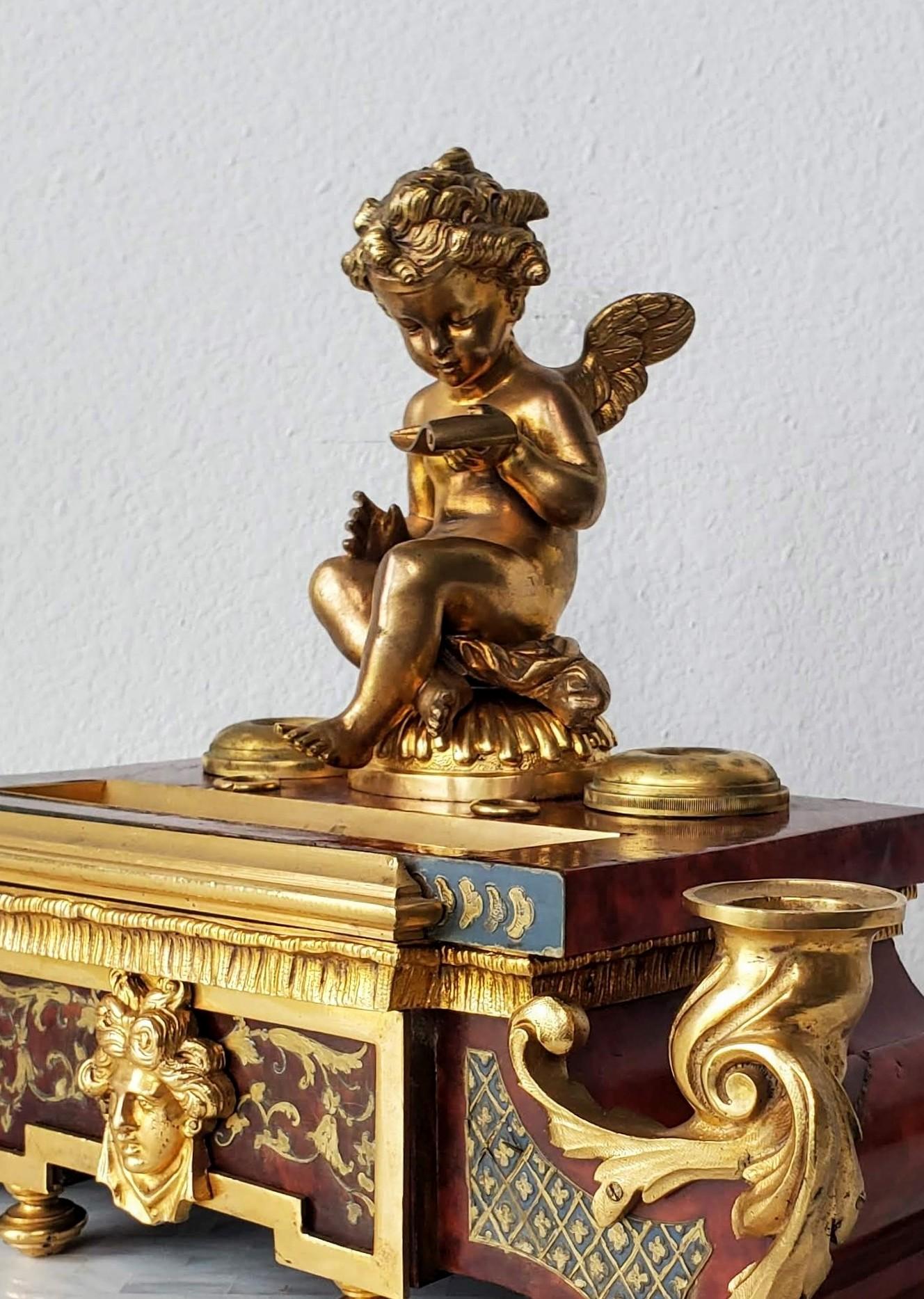 French Louis XIV Boulle Marquetry Tortoiseshell Gilt Bronze Inkwell Desk Stand For Sale 2