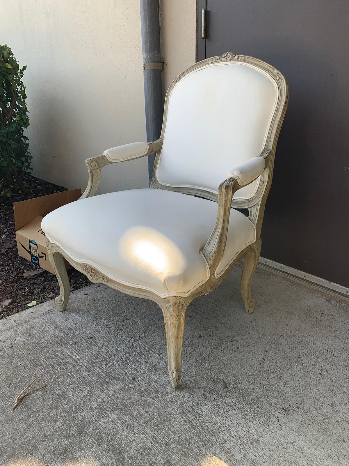 19th century French Louis XV style painted fauteuil chair.