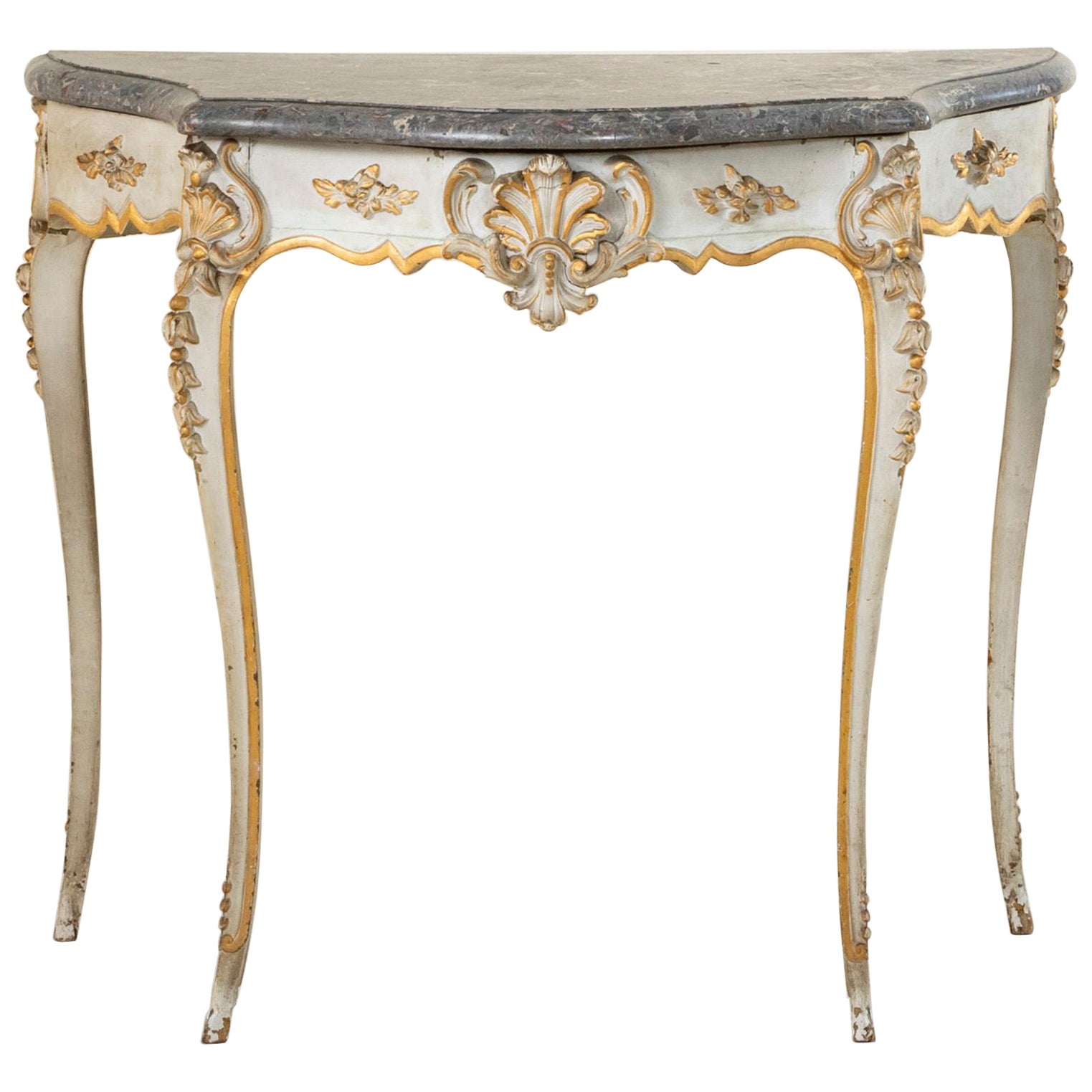 19th Century French Louis XV Style Painted Hand-Carved Console Marble Top