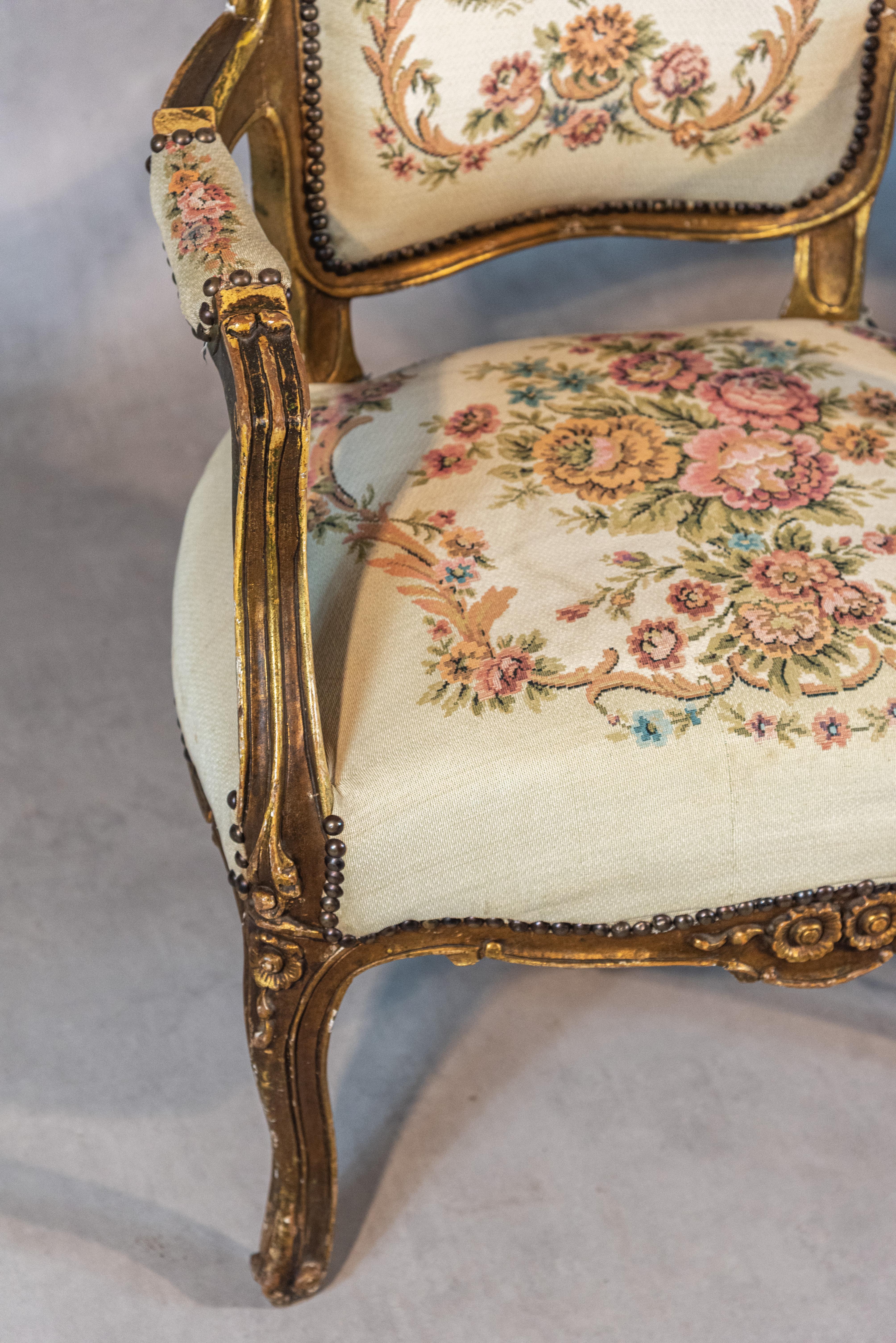 Gilt 19th Century French Louis XV Style Pair of Armchairs For Sale