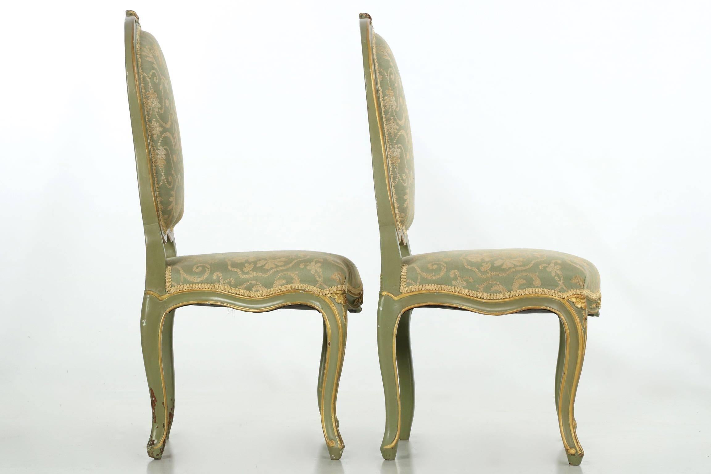European 19th Century French Louis XV Style Pair of Green Painted Antique Side Chairs