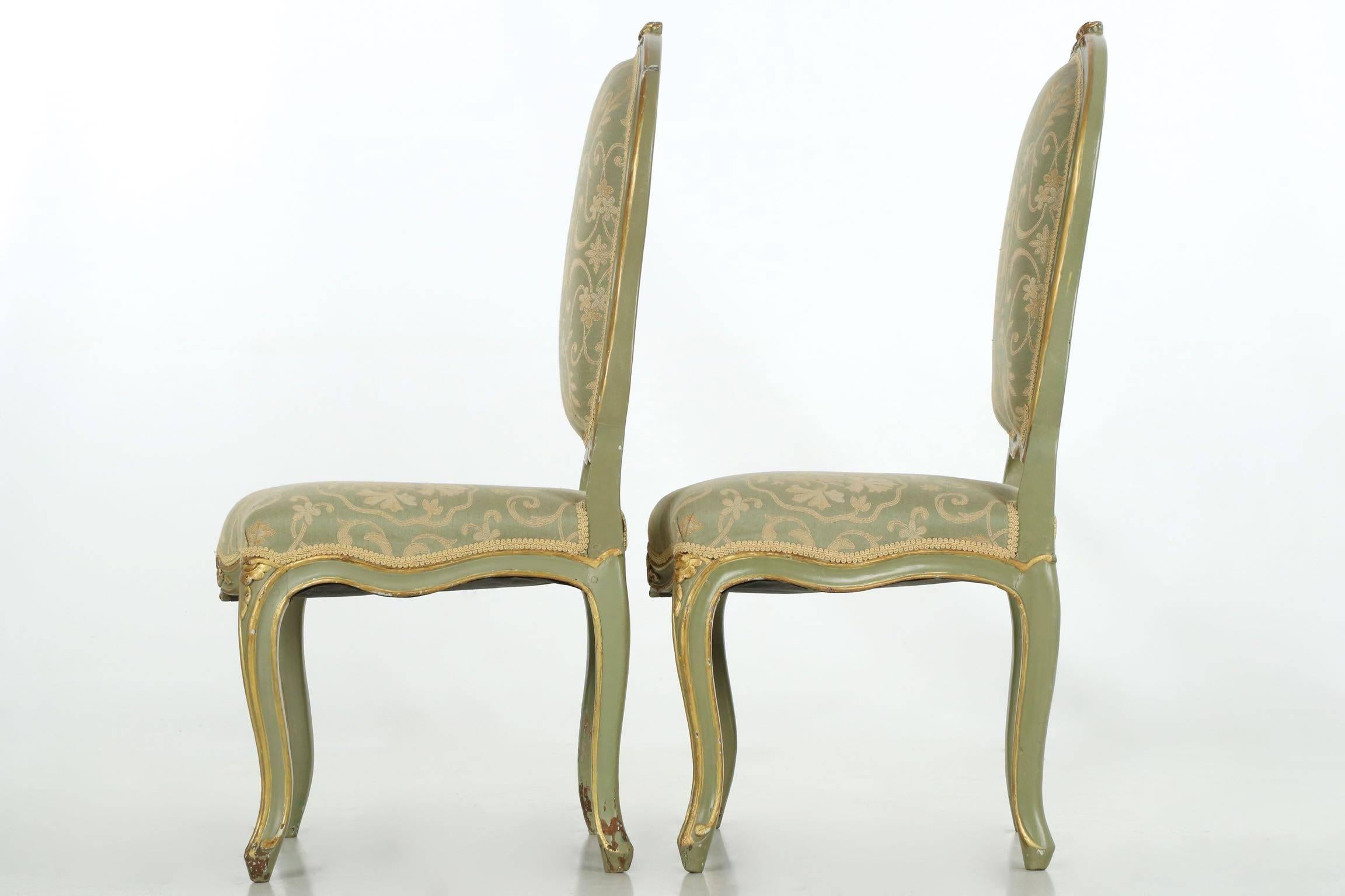 Wood 19th Century French Louis XV Style Pair of Green Painted Antique Side Chairs