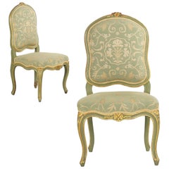 19th Century French Louis XV Style Pair of Green Painted Antique Side Chairs