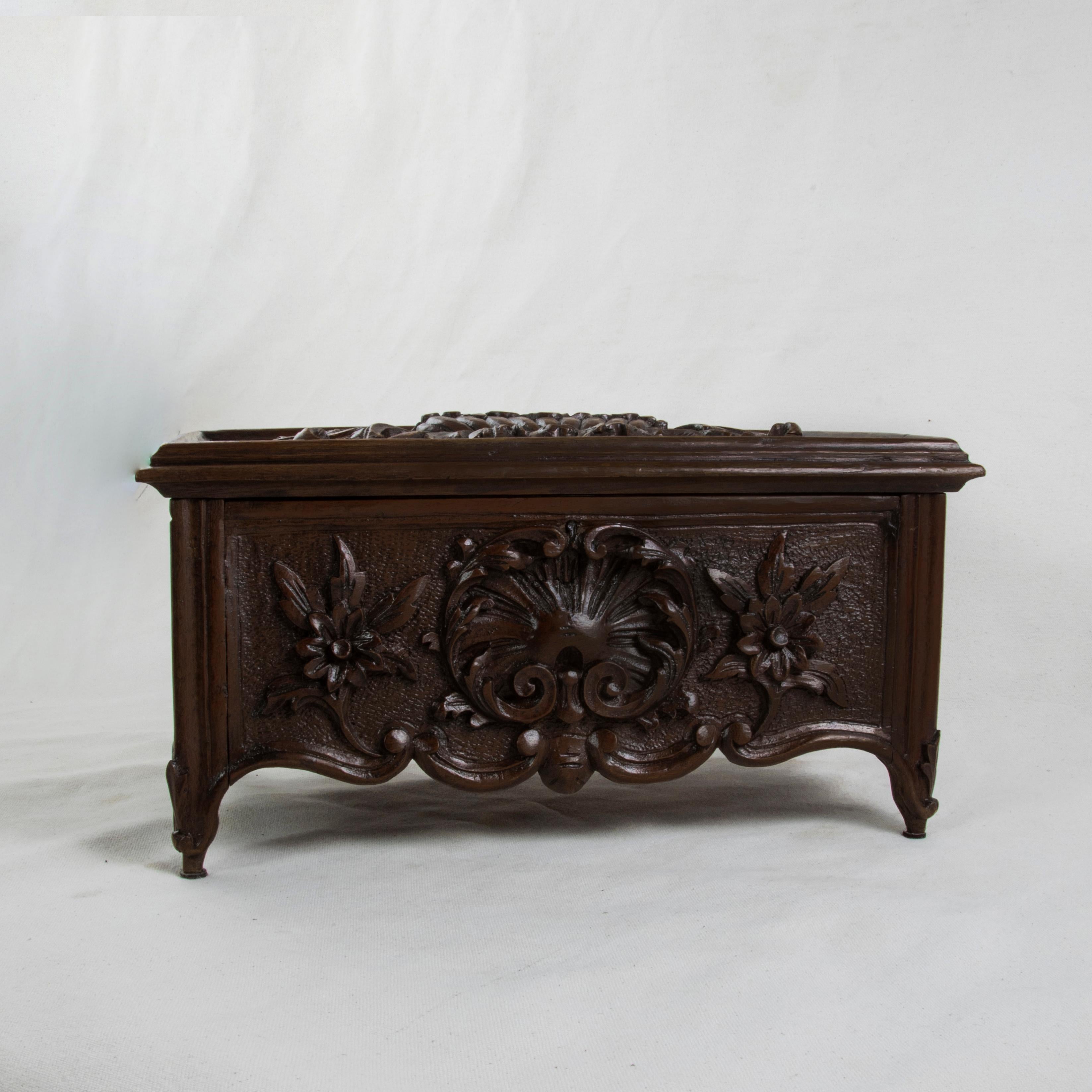 Hand-Carved 19th Century French Louis XV Style Walnut Box Hand Carved on all Sides, Signed