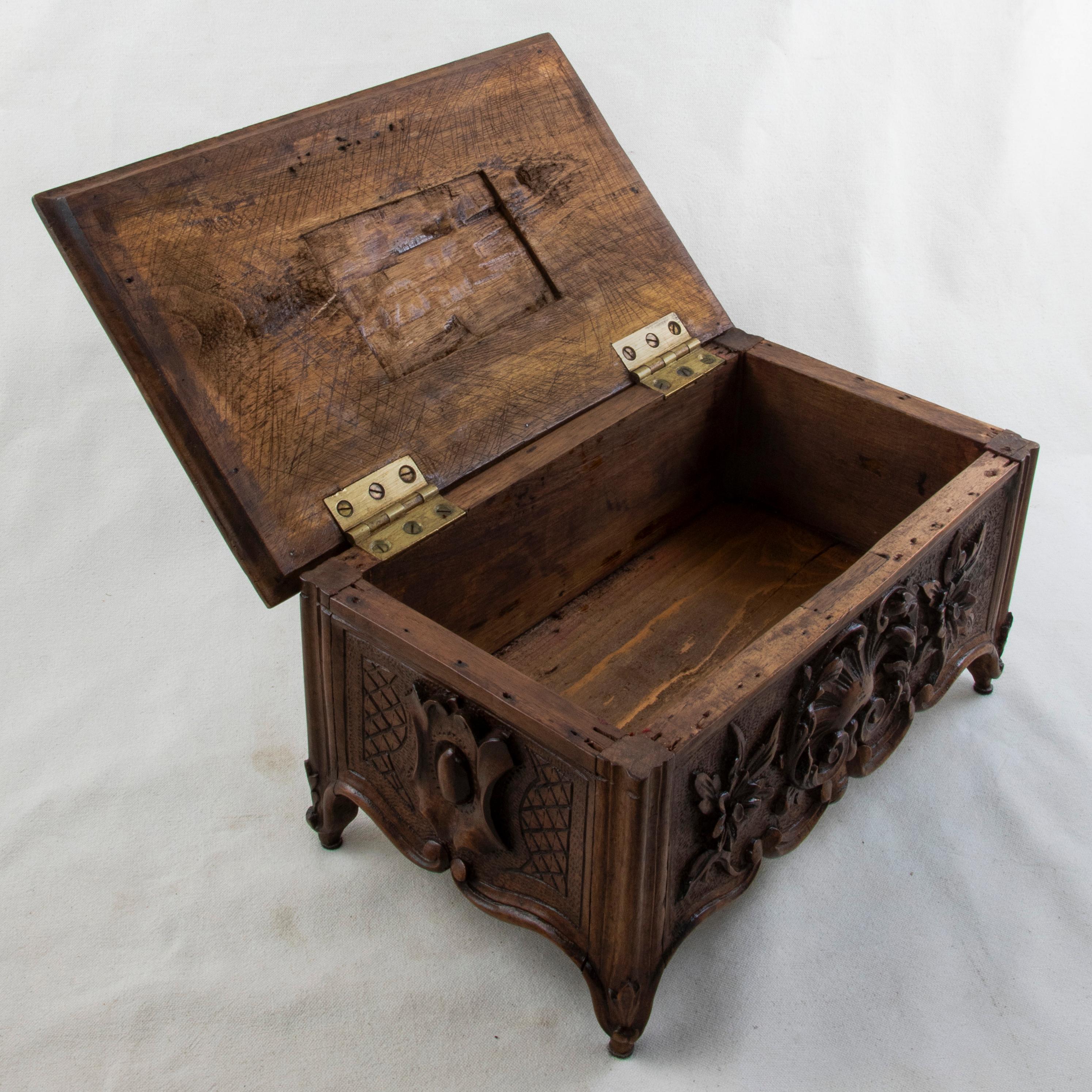 19th Century French Louis XV Style Walnut Box Hand Carved on all Sides, Signed 3