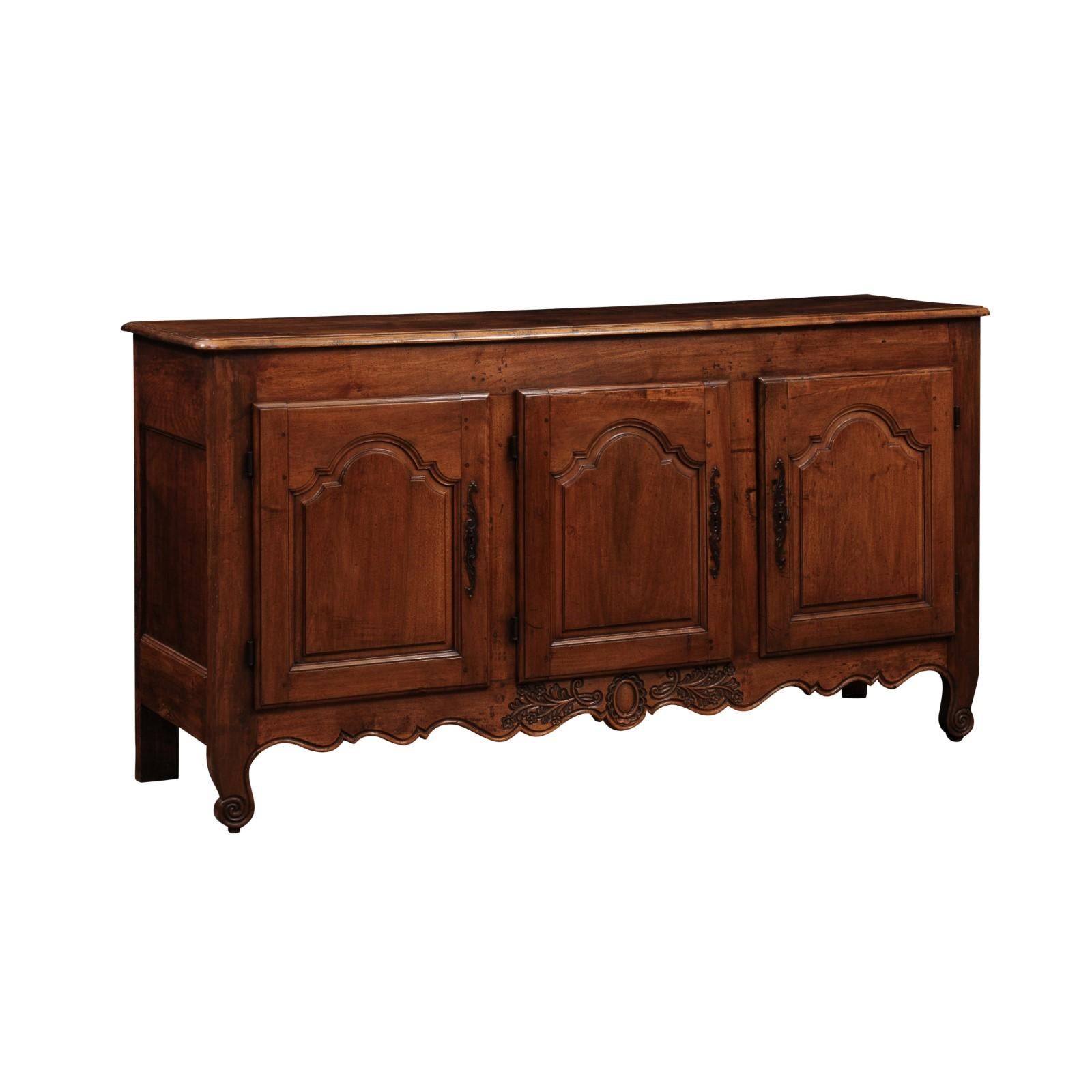 19th Century French Louis XV Style Walnut Enfilade with 3 Cabinet Doors and Carved Apron