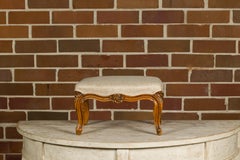19th Century French Louis XV Style Walnut Footstool with Custom Linen Upholstery