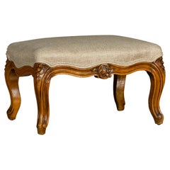 19th Century French Louis XV Style Walnut Footstool with Custom Linen Upholstery