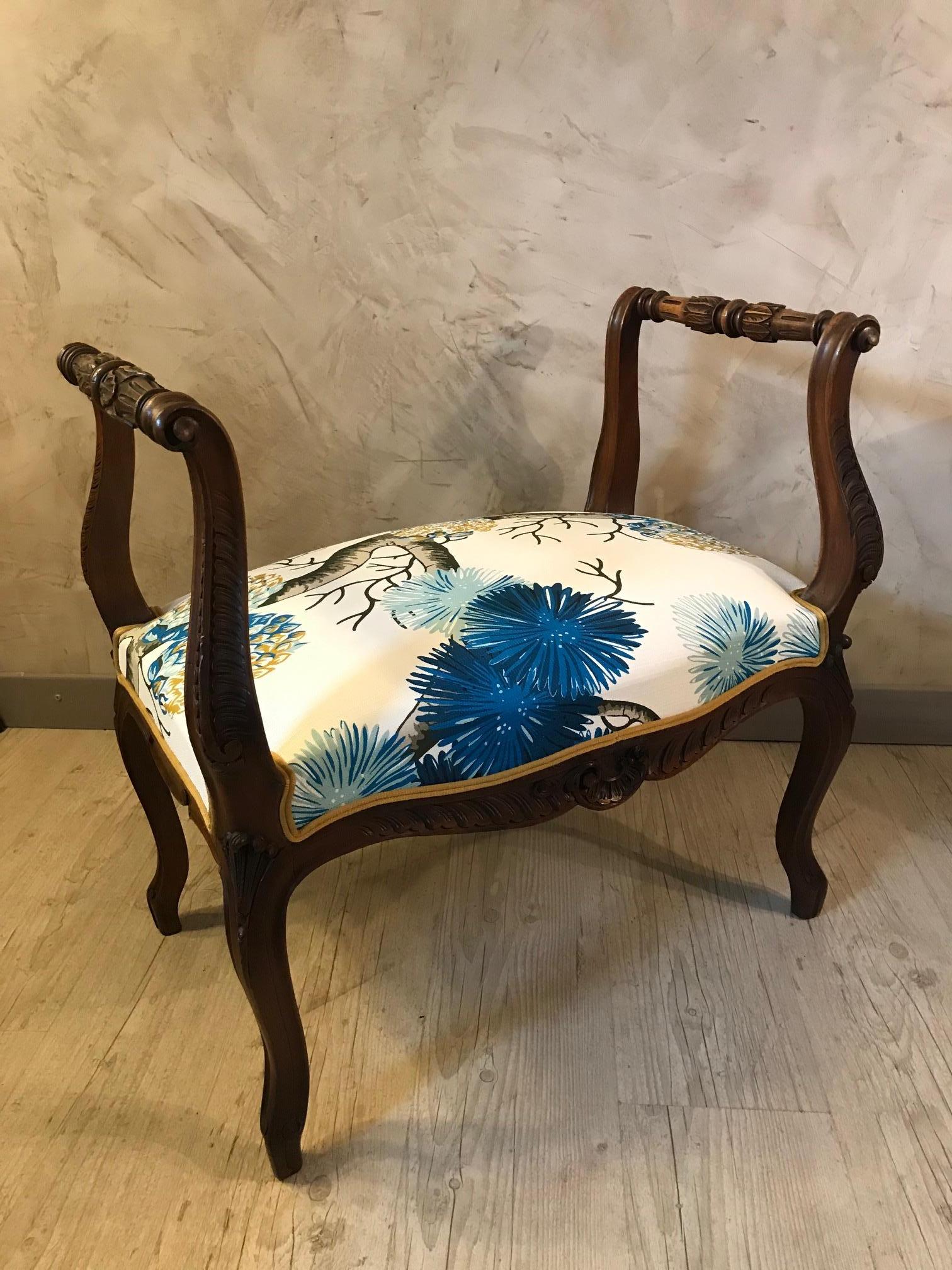 Fabric 19th Century French Louis XV Style Walnut Reupholstered Footstool, 1890s For Sale