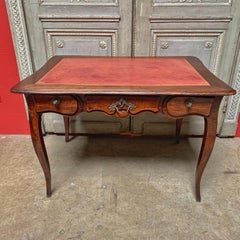 19th Century French Louis XV Style Walnut Writing Table with Red Leather Top