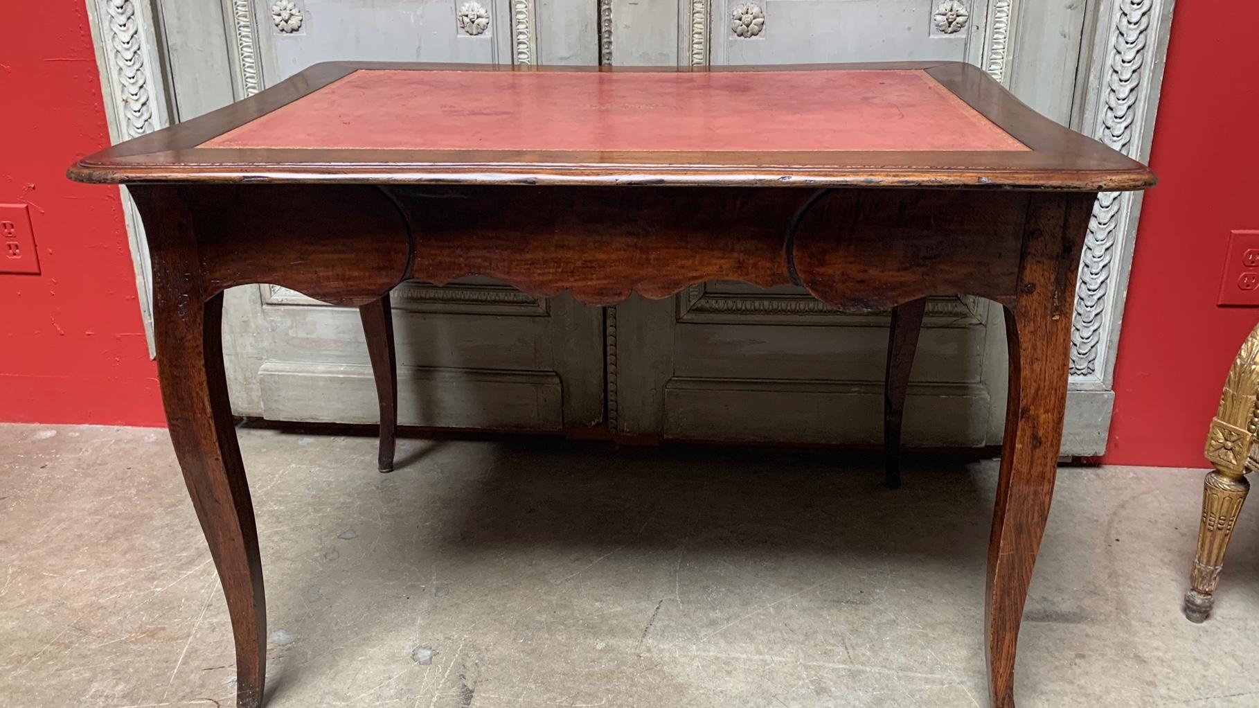 Bronze 19th Century French Louis XV Style Walnut Writing Table with Red Leather Top For Sale