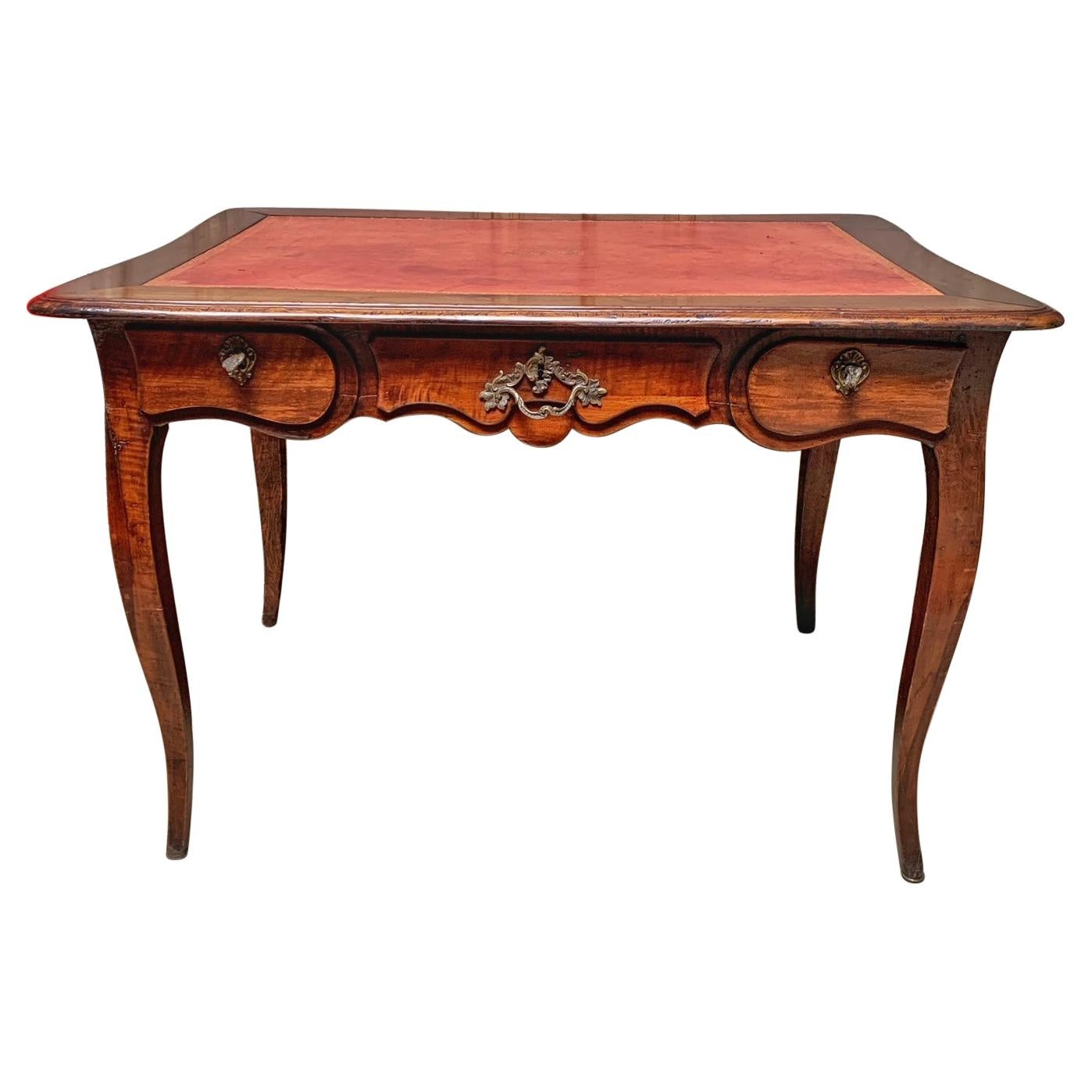 19th Century French Louis XV Style Walnut Writing Table with Red Leather Top For Sale