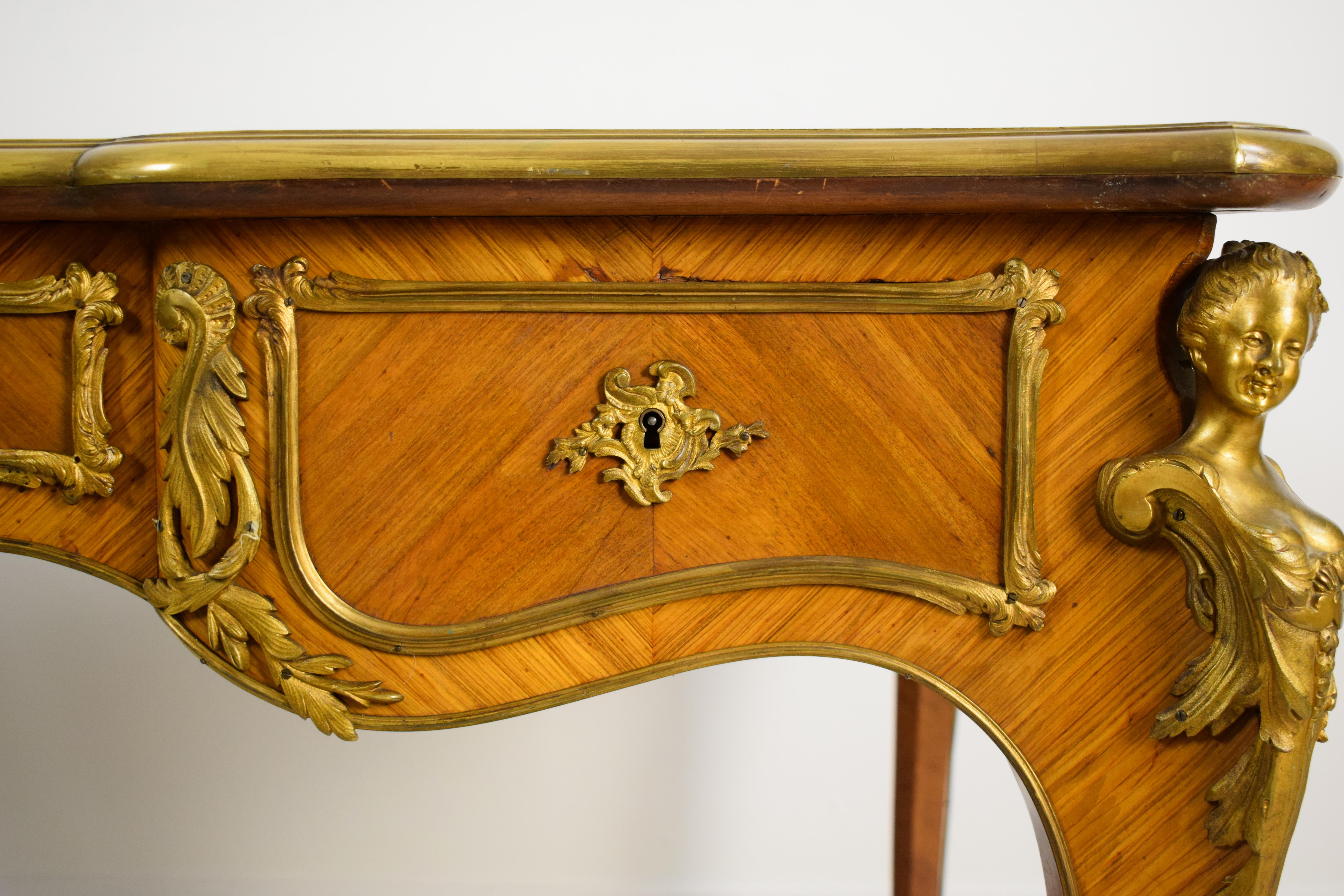 19th Century, French Louis XV Style Wood Centre Desk with Gilt Bronze For Sale 12