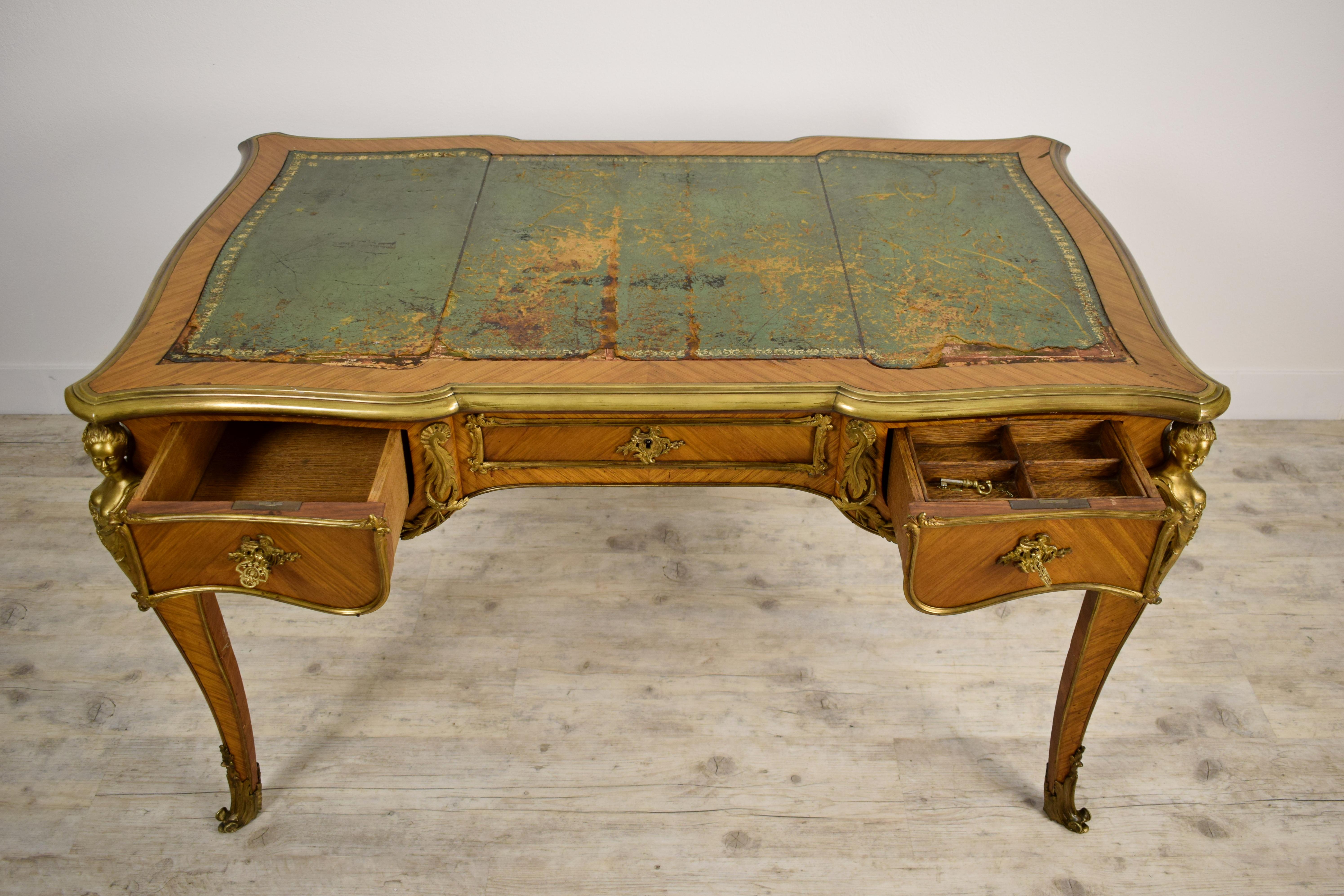 19th Century, French Louis XV Style Wood Centre Desk with Gilt Bronze For Sale 13