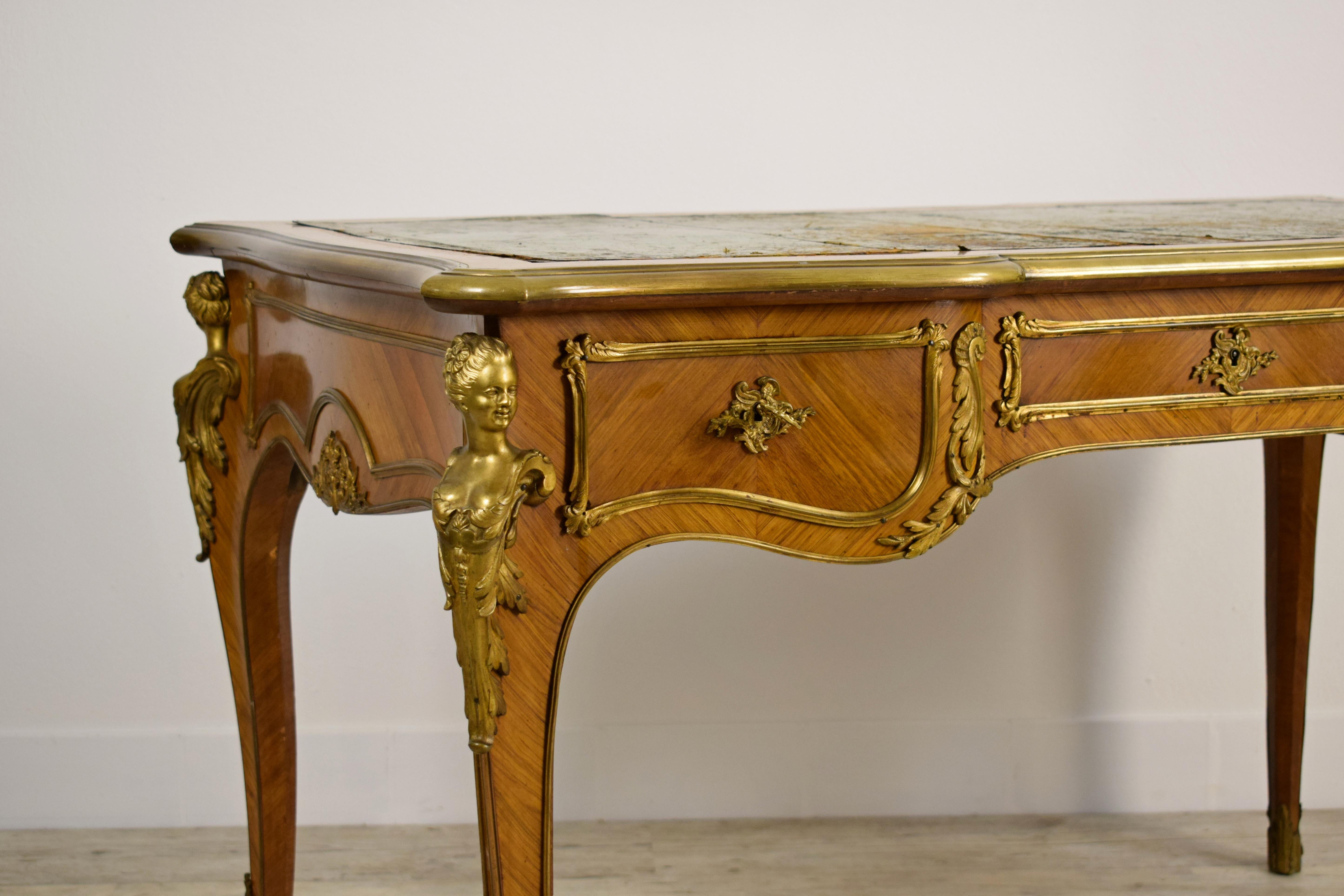 19th Century, French Louis XV Style Wood Centre Desk with Gilt Bronze For Sale 14